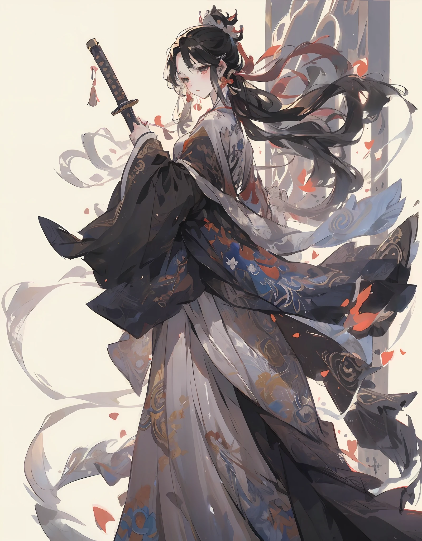 Anime characters with sword and clothes on white background, by Yang J, Onmyoji detailed art, flowing hair and long robes, Beautiful character painting, Palace ， A girl in Hanfu, From Arknights, Guviz-style artwork, she is holding a sword, Guviz, onmyoji, Guweiz in Pixiv ArtStation
