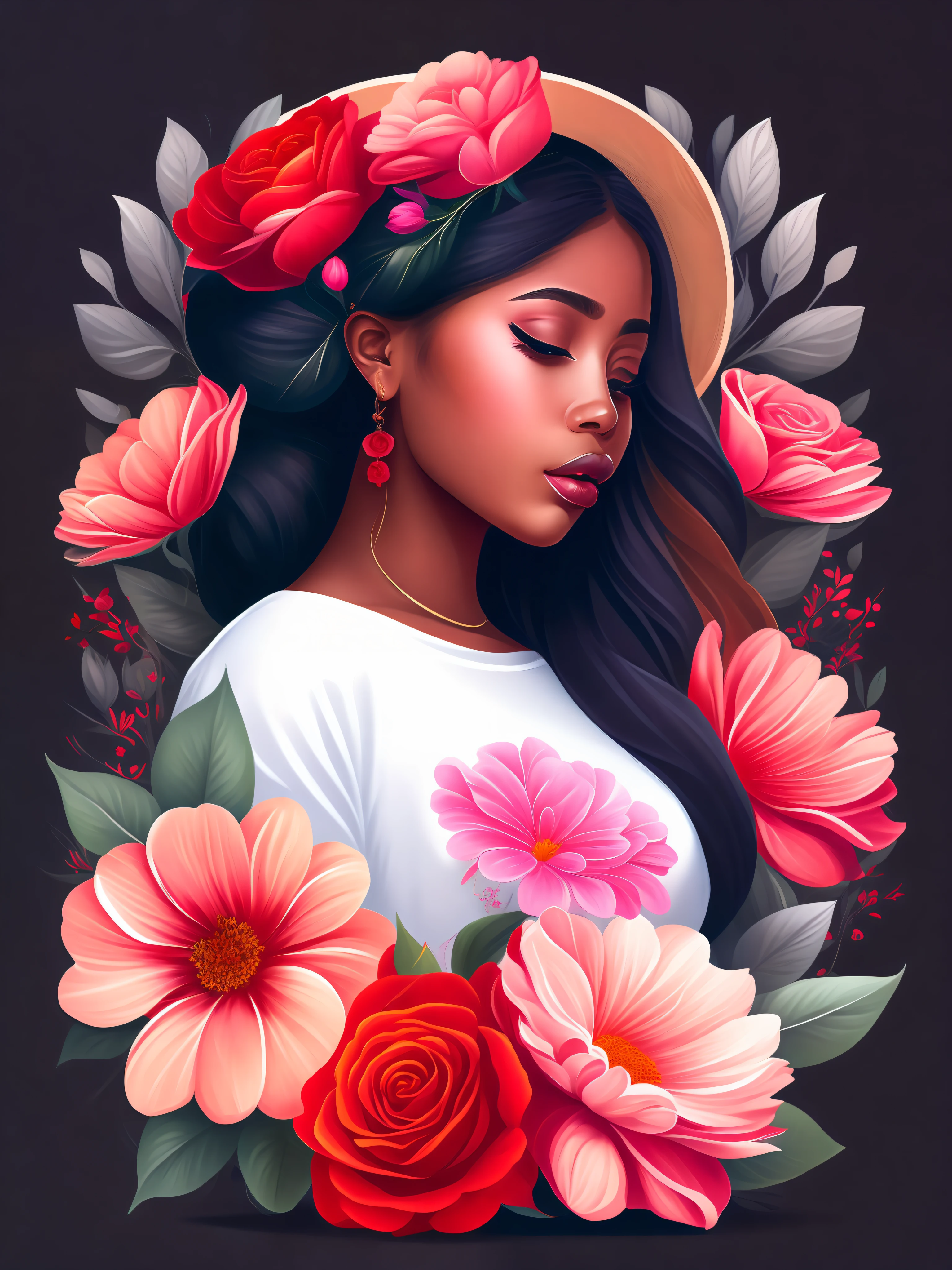 Menina fofa com orelhas de raposa e flores, rosto fofo, maquida, timimida, design de camiseta, rzminjourney, arte vetorial