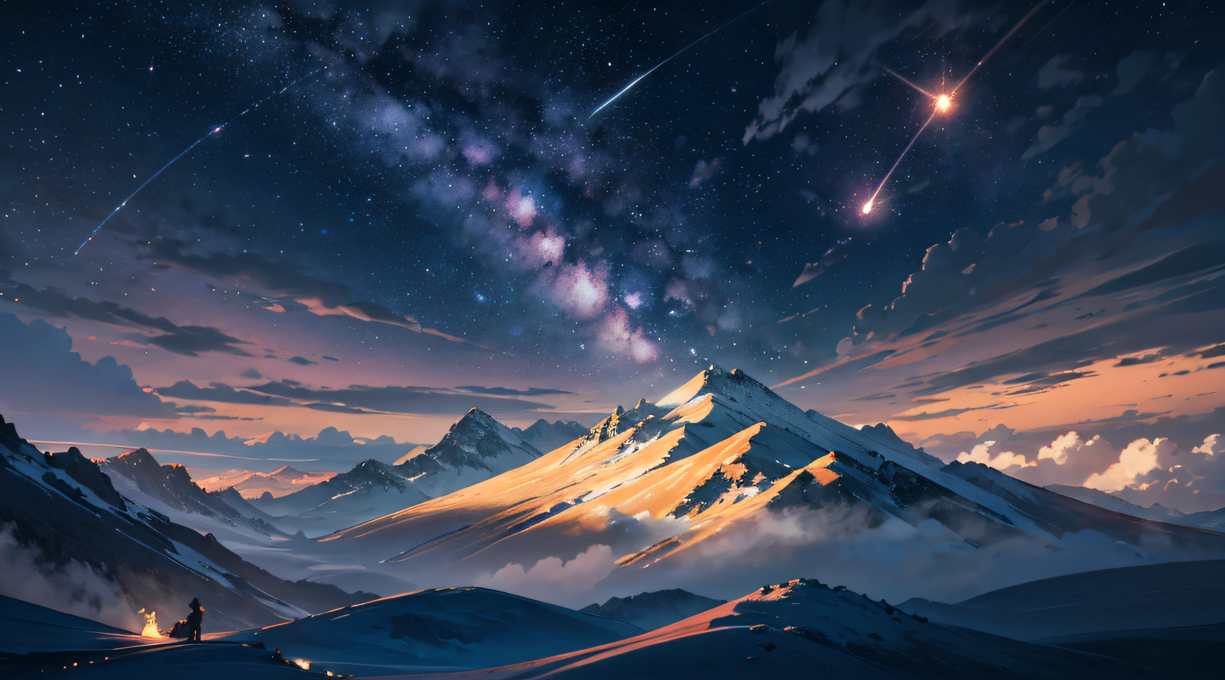 Expansive landscape photograph，（moon full：1.2），（meteors：0.9），（Starcloud：1.3），Far Mountain, （Warm light source：1.2），（glowworm：1.2），lamp lights，Lots of purple and orange，Complicated details，Volumetriclighting，Realism BREAK（tmasterpiece：1.2），（best qualtiy），8K，Ultra-detailed，（dynamic compositions：1.4），The is very detailed，Colorful details，（Irridescent color：1.2），（luminouslighting，Atmospheric lighting），dream magical，magical，（独奏：1.2），（（best qualtiy））， （（tmasterpiece））， （the detail：1.4），depth of fields，maximum definition and sharpness，perfectly proportions，Fluttering clouds，Wallpapers