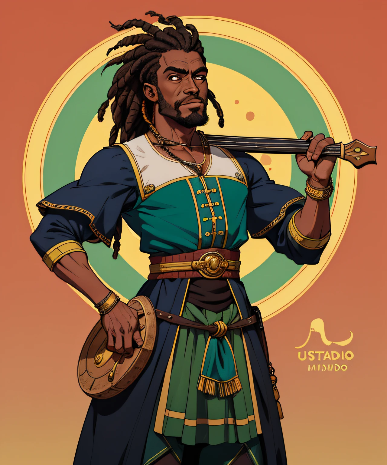 (original-art:1.2),(lineart:1.31), masculino, 1homem ,africano masculino bardo com roupa de couro e uma capa longa e cabelo castanho dreadlock conversando em um mercado de cidade medieval, bandolim (instrumento musical), pele negra,(profundidade),(movimento: 1.3),Gothic Square, tiro incomum,(hiperdefinido), feliz, verde preto amarelo,Victorian-fantasy aesthetics,complex lighting,(ultradetalhado),(detalhes finos:1.3),formato RAW,anatomia perfeita,(paleta limitada)