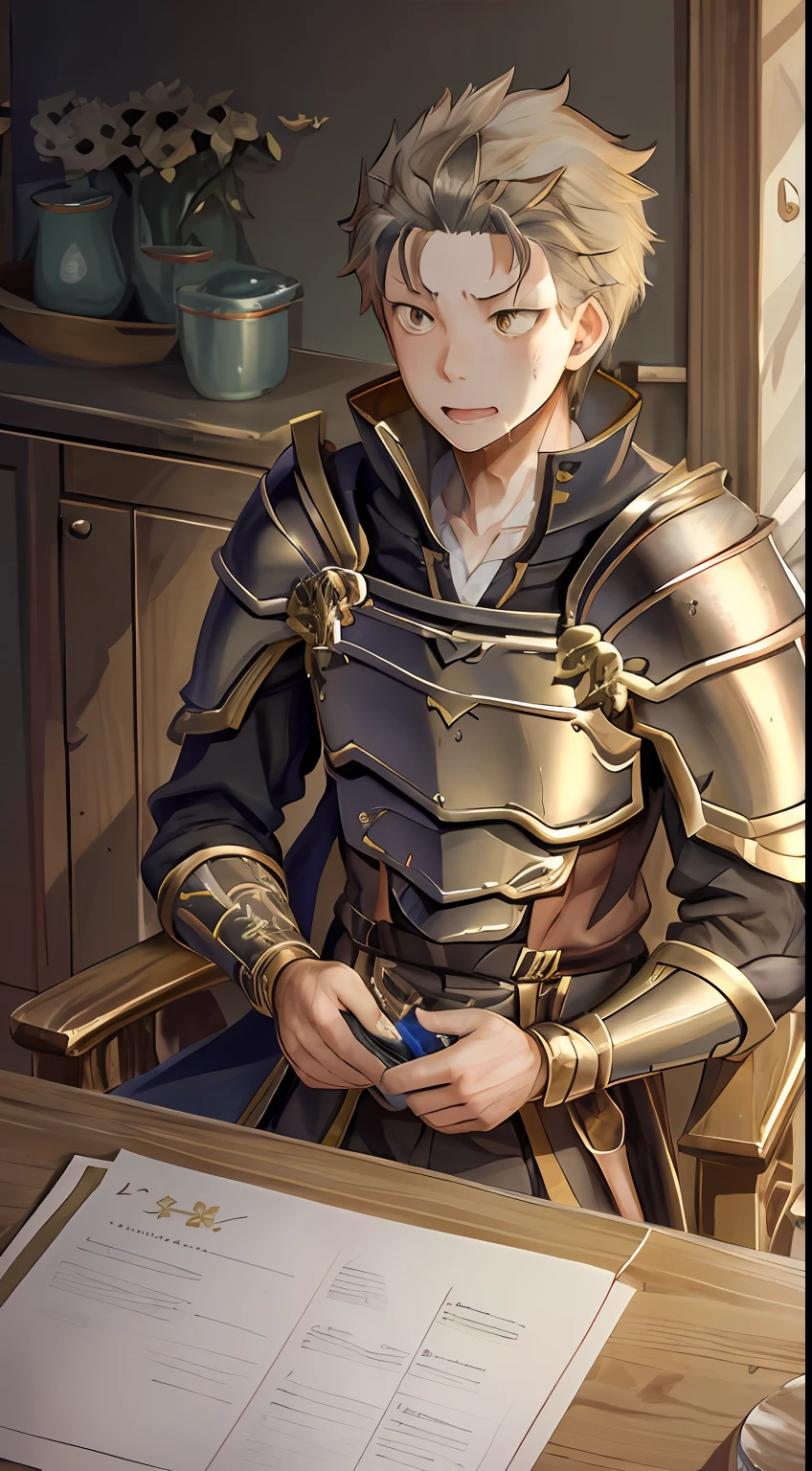 (1 Adult male),A high resolution, Sharp focus, Pixiv masterpiece, ((Complicated details)), highly detailed, natsuki_subaru, 1 man, with her mouth open,drools,full bodyesbian, Golden eyes(eyes glowing), blond hairbl,Armour,Shoulder armor,cloaks,Drenched,soaking wet,perspire,look from down