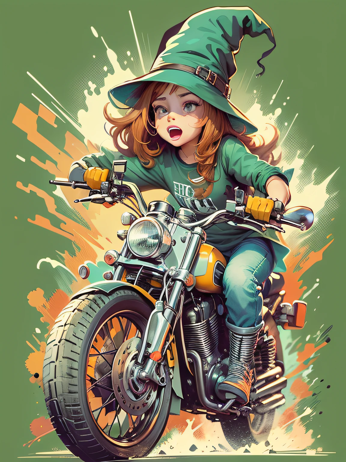 Vector t-shirt, Print-ready colorful graffiti, Illustration of a cute witch on a motorcycle, action shot, high detail, whitebackground