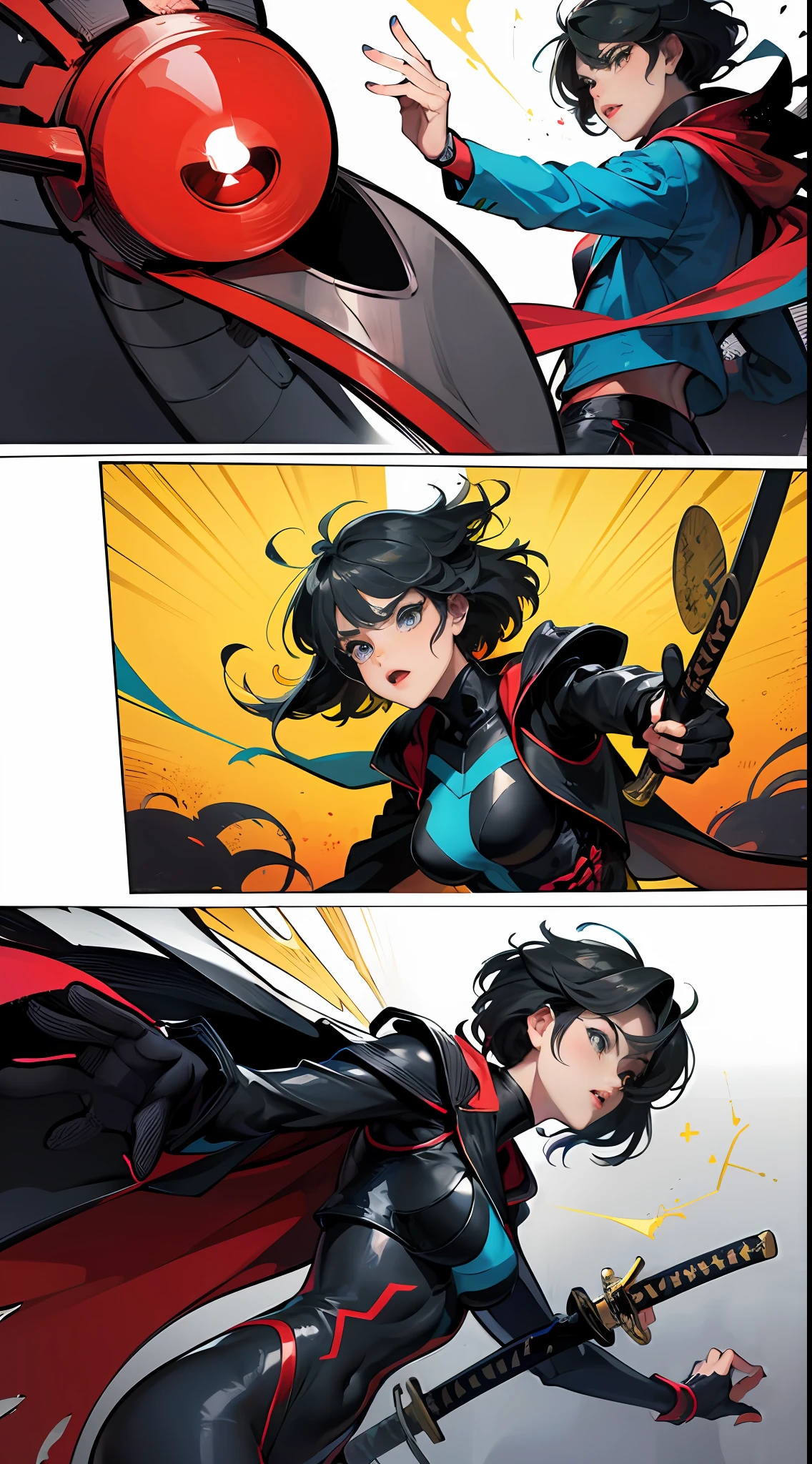 (Rough illustration), [The screen composition is comic-style, The entire screen is printed, Paper Textured Screen, Ink Textures], [(1960s-style cartoon heroine), (Blue and yellow and black tight fit suit), (Katana and)], [dynamicposes, (Slash the entire screen with a sword!!!!!)], Cartoon panel layout, Thick contour lines, Gradients are represented by dot screens, Shadows are represented by a large dot screen, Red×Blue× Yellow×Black