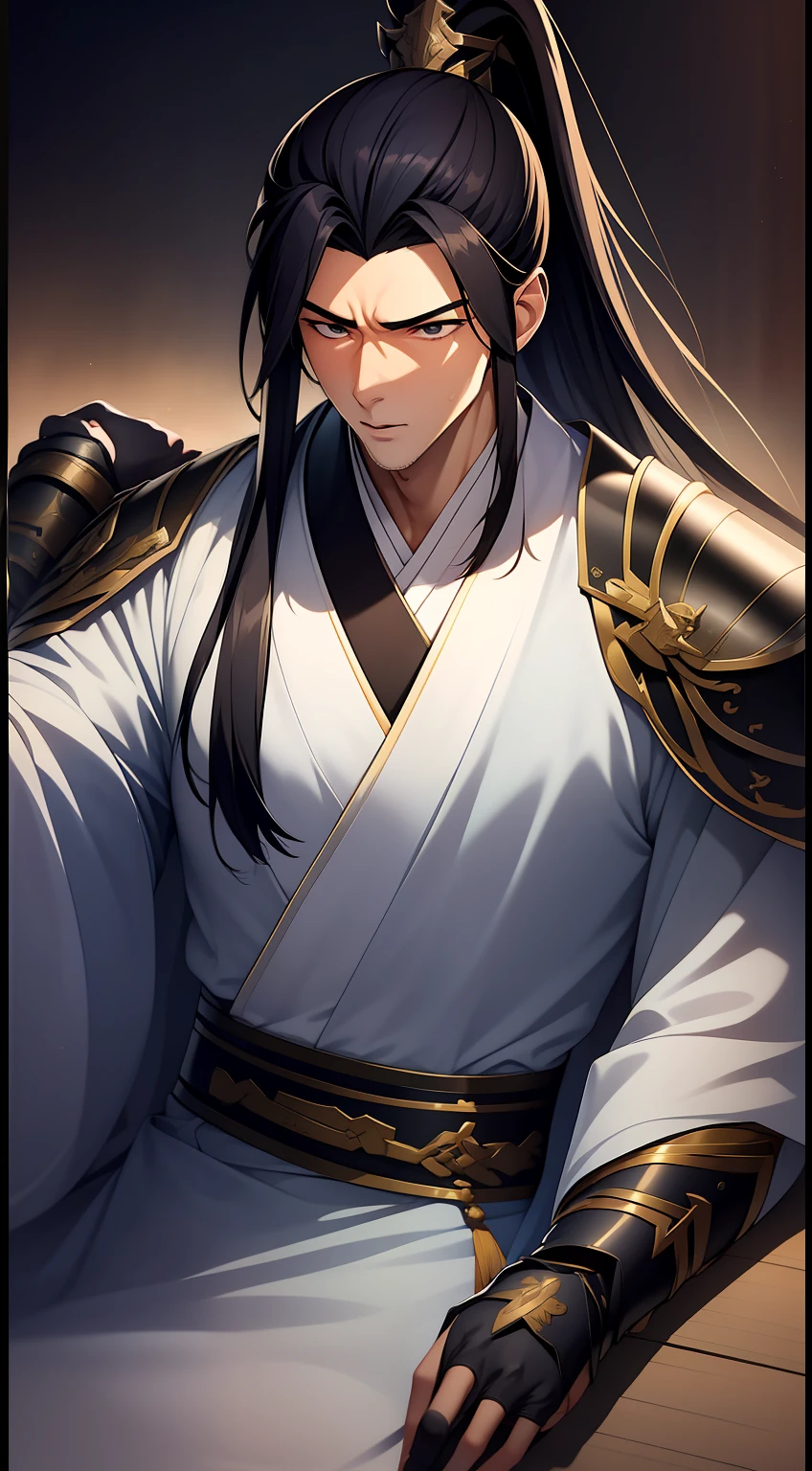 quadratic element,style of anime,mtu(Male Warrior),The proportions are correct,Face details,swordsmen,High ponytail hairstyle,Neck details,There is an Adam's apple,Black Hanfu,kaftan,Embroidered robes,Black robe,clothes details,Handing over,longer sleeves,Game quality,Swordsmanship,Light and shadow tracking,Ray traching,detailed glow,cg render,hair detail,long white hair,Black eyes,Handsome,Handsome,(juvenile sense),Clothing is complicated,Perfectcomposition,Refinement,high qulity,higher details,Lots of details,The background is complex,a sense of atmosphere,