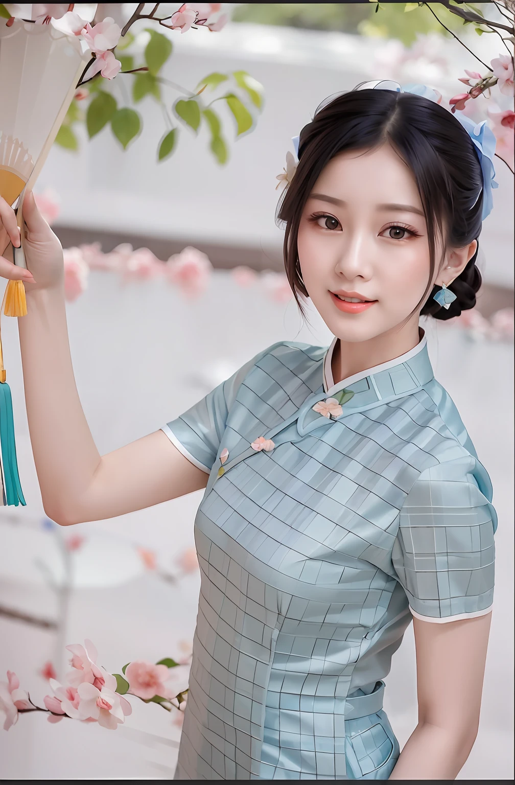 Normal hands，A beautiful 20-year-old girl，Wearing a cyan cheongsam，Fan in hand，Delicate face，attractive smile，watery big eyes，Long eyelashes，Crooked eyebrows，lips in red，Several trees blooming with flowers in the background，Works of masters，4K Ultra Clear，Normal hands，Bust photo