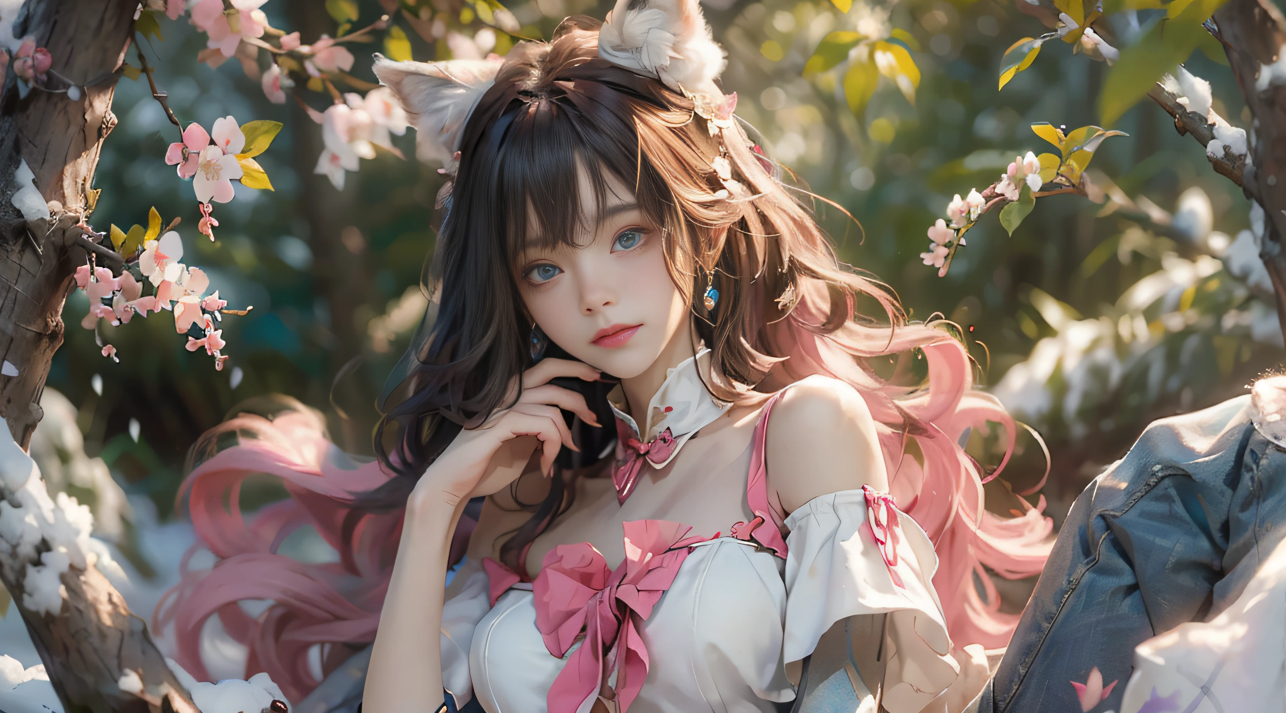 ((best qualtiy)), ((tmasterpiece)), (detail:1.4), Beautiful cyberpunk female images,hdr(HighDynamicRange),Ray traching,NVIDIA RTX,Hyper-Resolution,illusory 5,sub surface scattering,PBR textures,post-proces,Anisotropy Filtering,depth of fields,maximum definition and sharpness,Many-Layer Textures,Albedo e mapas Speculares,Surface coloring,Mitsu-Accurate simulation of material interactions,perfectly proportioned,rendering by octane,Two-colored light,largeaperture,Low ISO,White balance,Rule three points、8K raw data、Beautiful bright blue pupils,off-the-shoulder clothes,Fine pupils,Delicate face and eyes,long eyelasher,Blushlush,Delicate and fluffy hair,pink lip,Pure,Cute face,Sweet girl,Artistic sense,Casual wear,Advancedsense,butterflys,Cherry blossom petal,Beautiful hair accessories,Long hair and waist,Hair fluttering in the wind,Snow-white fox ears,curlies