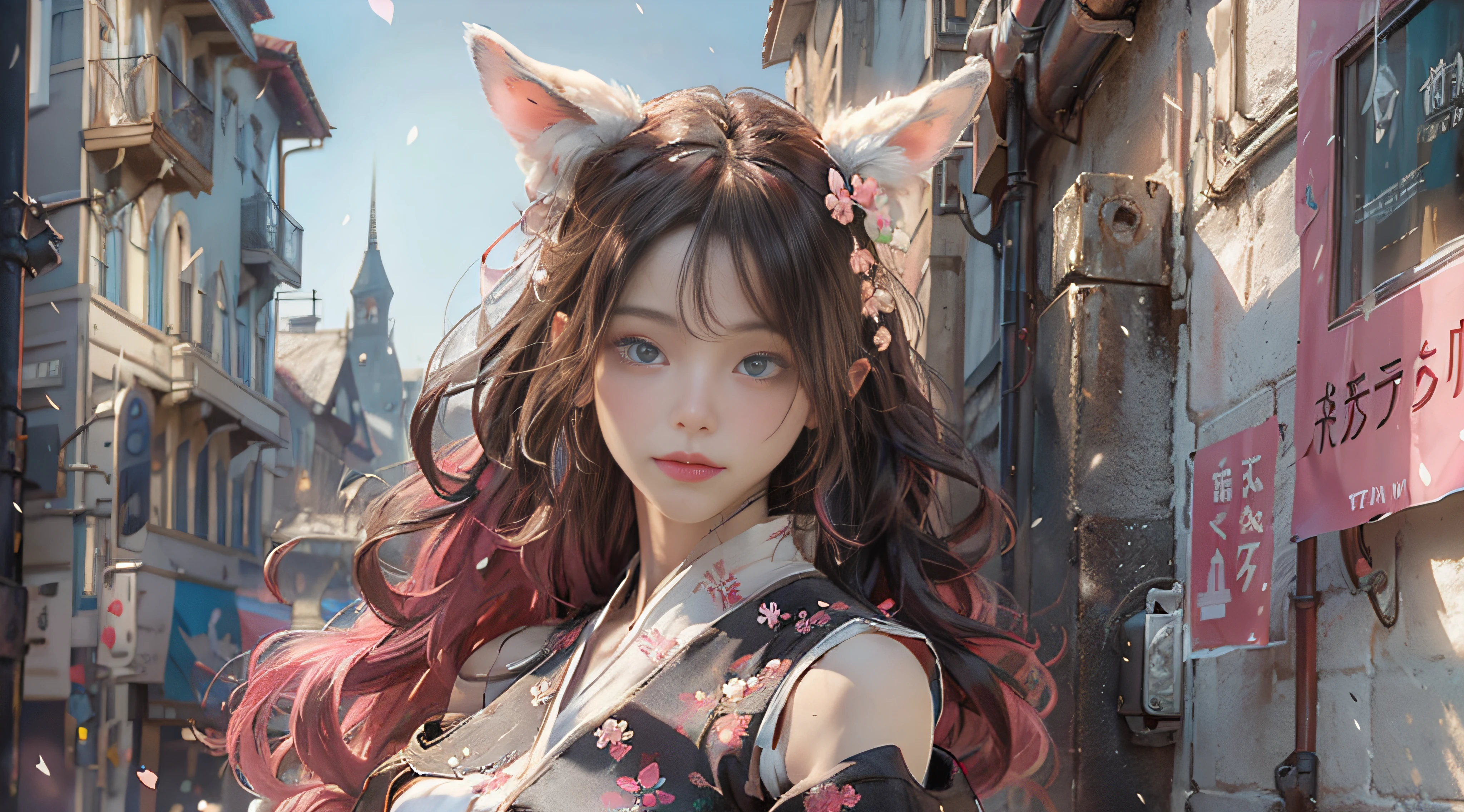 ((best qualtiy)), ((tmasterpiece)), (detail:1.4), Beautiful cyberpunk female images,hdr(HighDynamicRange),Ray traching,NVIDIA RTX,Hyper-Resolution,illusory 5,sub surface scattering,PBR textures,post-proces,Anisotropy Filtering,depth of fields,maximum definition and sharpness,Many-Layer Textures,Albedo e mapas Speculares,Surface coloring,Mitsu-Accurate simulation of material interactions,perfectly proportioned,rendering by octane,Two-colored light,largeaperture,Low ISO,White balance,Rule three points、8K raw data、Beautiful bright blue pupils,off-the-shoulder clothes,Fine pupils,Delicate face and eyes,long eyelasher,Blushlush,Delicate and fluffy hair,pink lip,Pure,Cute face,Sweet girl,Artistic sense,Casual wear,Advancedsense,butterflys,Cherry blossom petal,Beautiful hair accessories,Long hair and waist,Hair fluttering in the wind,Snow-white fox ears,curlies