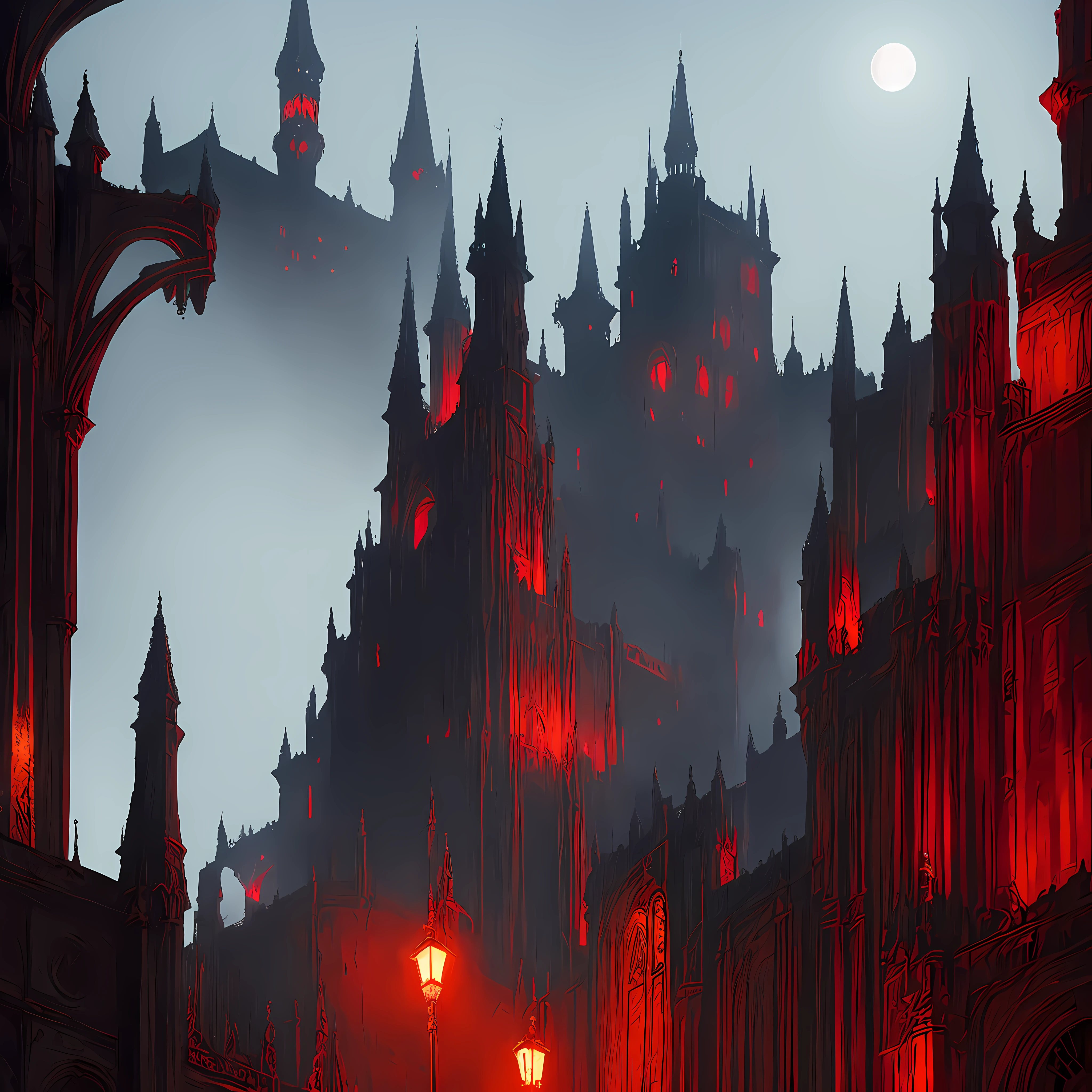 There was a mist，sullen，upper part（Crimson Moon，Dark red night），Lower section（（A tall old castle，Batman stands at the city gate：Holding a torch in his hand,Wearing a black cape，）），8K quality，offcial art，Mechanical punk style，Detailed details