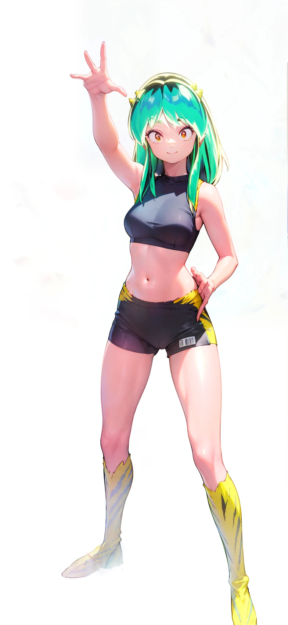 Tiger print boots、sport underwear、Woman with green hair and horns、Tiger print bikini、dance、animesque、urusei yatsura、A smile