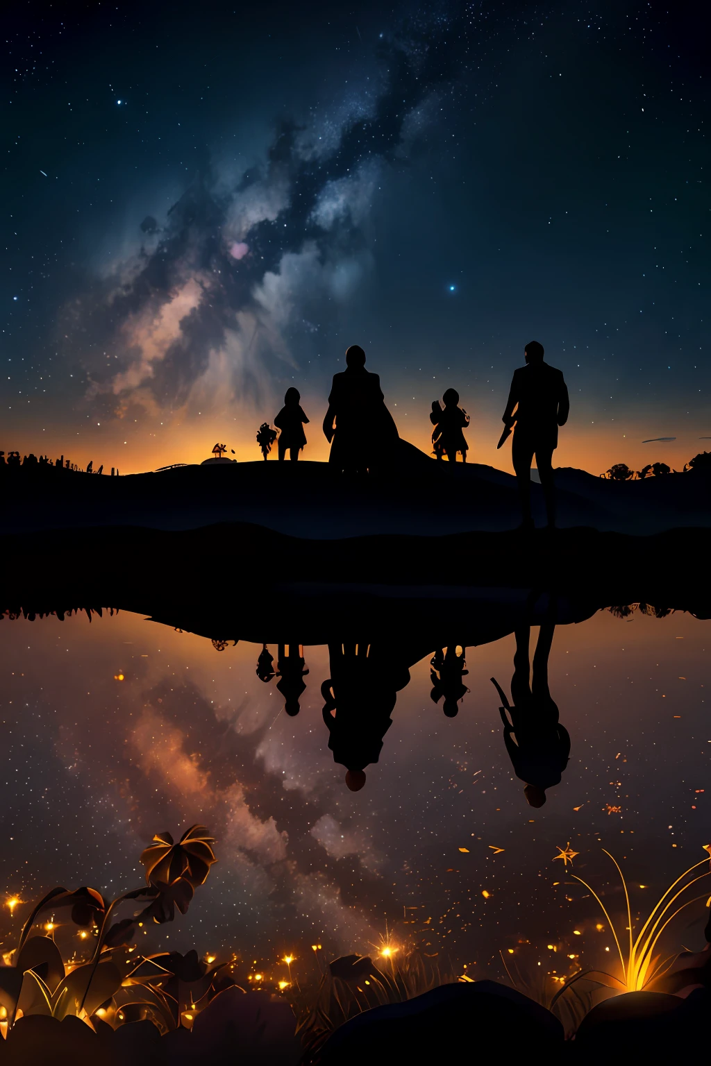 Silhouette of 4 characters looking at the starry night in panoramic view.