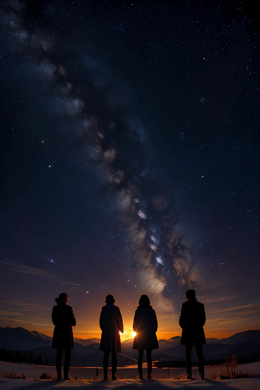 Silhouette of 4 characters looking at the starry night in panoramic view.