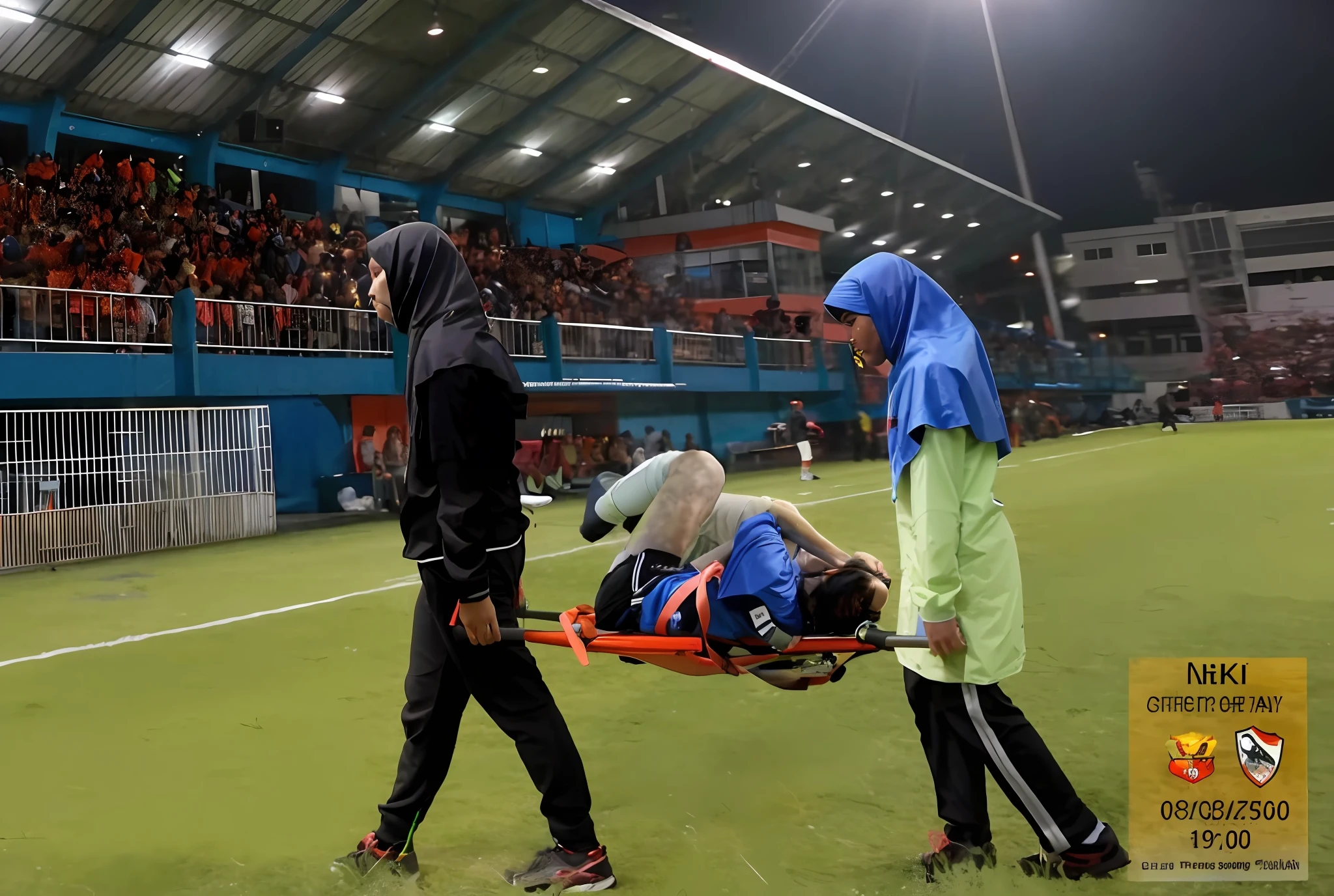 There is a man lying on a stretcher with his hands crossed over his face, a man in a t-shirt and sports shorts has crossed his hands over his face, the man has an agonised face under his hands, two longhaired and ponytailed women that are wearing very shiny coats, there are longhaired women wearing laquered puffy coats, longhaired women are walking in wetlook puffy coats, several women walking around a football field with an injured athlete on a stretcher, the injured athlete on the stretcher covers his face with both hands, the women look very worried, behind the women there is a frightening atmosphere, there is heavy rainfall in the background, video still, behind the scenes, Malika Favre, screenshot, footage, 4 0 9 6, cover photo, aesthetic shot, dramatic mood, intense scene, Making of, Mongezi Ncaphayi, Thriller atmosphere, Filming, Edited
