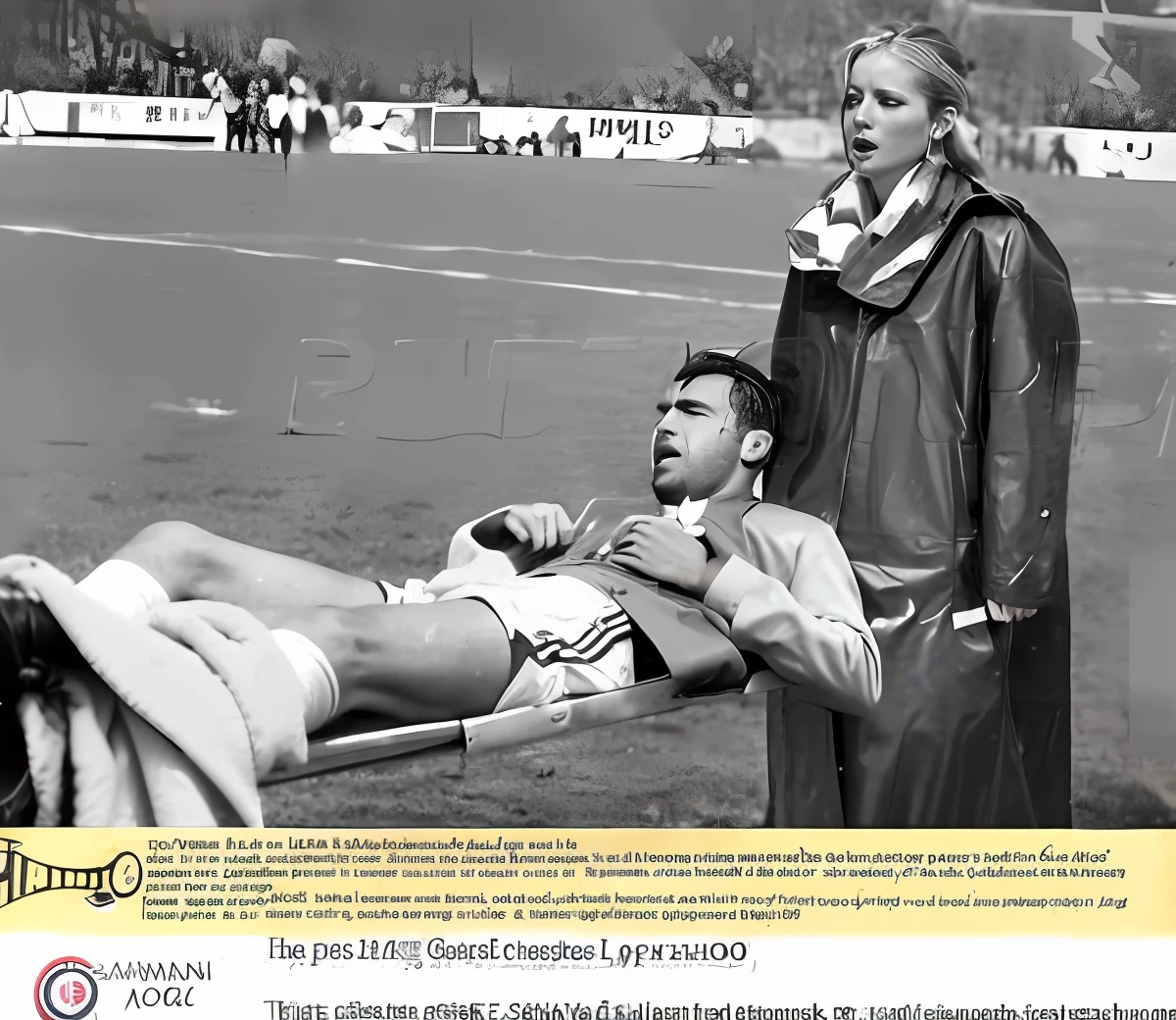 there is a male soccer player in short sportswear lying injured on a stretcher, there is an injured sportsman who is covering his face on a stretcher, an injured sportsman is covering his face with his hands, an injured sportsman is writhing ecstatic in pain on a stretcher, dramatic pity pose, there is a very female woman in a high-shine coat, a high-shine black wetlook coat, a long shiny coat, a wetlook glossy coat, a wet black laquered coat, a very female looking wife is wearing a wetlook coat, injured, medic, soccer action pose, affection pose, lecherous action pose, dramatic action pose, theatralic pose, there is an attractive woman that is carrying a suffering man on a stretcher, there is a beautiful woman in a shiny coat who is carrying a blond man on a wet orange stretcher, a longhaired beautiful woman in a high-shine coat, a longhaired woman in a shiny downcoat, a woman is carrying a stretcher with a shorthaired man who is wearing shorts and a t-shirt, a weak man in spots shorts is consciousless and needs to be carried on a wetlook pvc stretcher, a shorthaired man with closed eyes is carried on a stretcher by a longhaired woman, a woman looks very scared and terrified, a consciousless man with closed eyes is suffering very much and has a very painful face, photo, photo shoot, photographed , accident, help, aid, first aid, pity