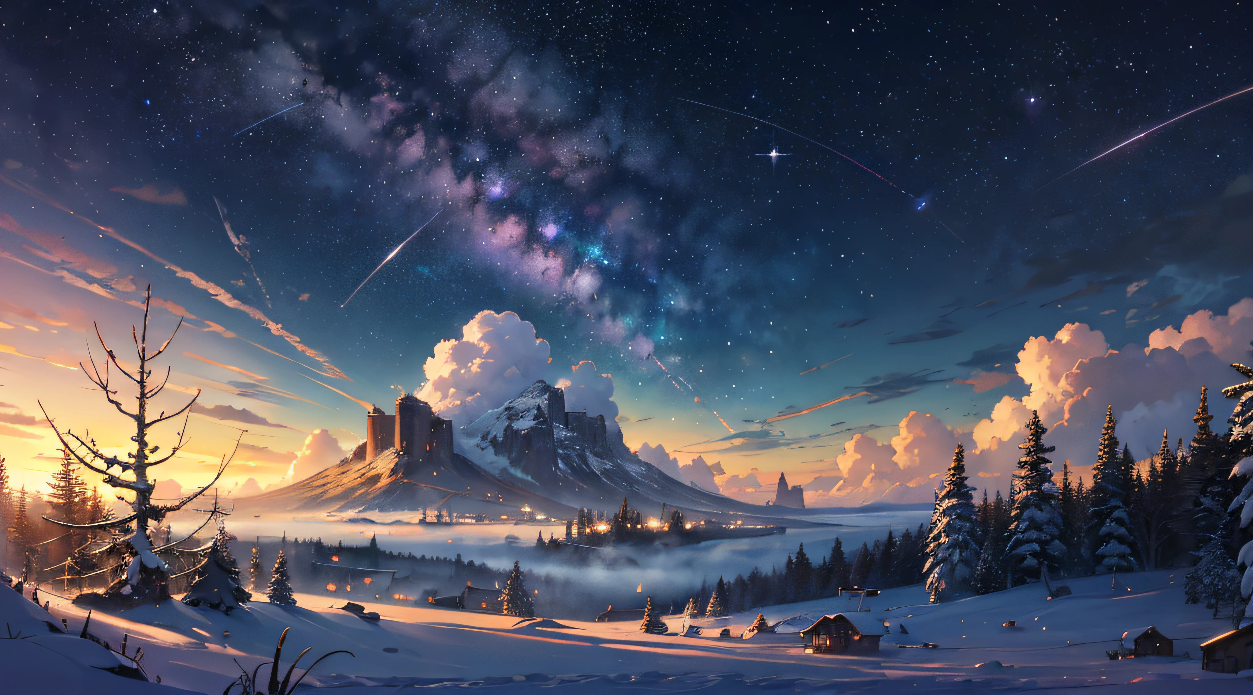 Expansive landscape photograph,(moon full:1.2),(meteors:0.9),(Starcloud:1.3),Far Mountain, Tree BREAK making art,(Warm light source:1.2),(glowworm:1.2),lamp lights,Lots of purple and orange,Complicated details,Volumetriclighting,Realism BREAK(tmasterpiece:1.2),(best qualtiy),8K,Ultra-detailed,(dynamic compositions:1.4),The is very detailed,Colorful details,(Irridescent color:1.2),(luminouslighting,Atmospheric lighting),dream magical,magical,(独奏:1.2),((best qualtiy)), ((tmasterpiece)), (the detail:1.4),depth of fields,maximum definition and sharpness,perfectly proportions,Fluttering clouds,Wallpapers