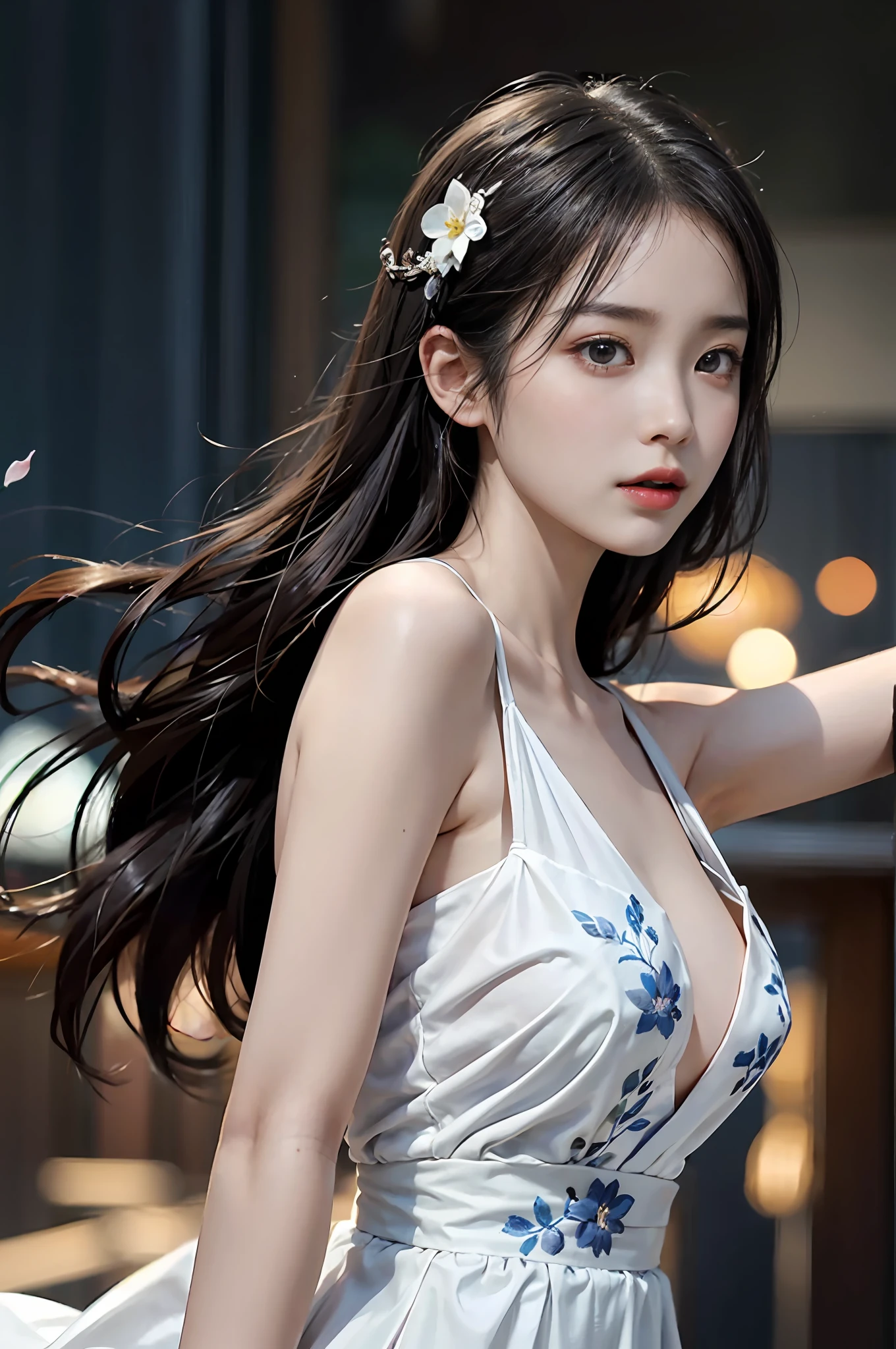 Zhong Fenghua, 1girll, (full bodyesbian) 独奏, Hanfu, flower field, blossom flower, (Black smoke:1.4) (realisticlying:1.5), datura, entangled, offcial art, Unity 8k壁纸, ultra - detailed, Beautiful and beautiful, tmasterpiece,best qualtiy, (dynamic angle:1.4), (Realistic:1.5),(Real human photos;1.5),(Bigboobs:1.2),(Liuhai hairstyle:1.5)(Shoulders exposed:1.2),Glowing skin, (Floating colorful flashes:1.2),The most beautiful classical form,(ellegance:1.2),Fauvistdesign,vivd colour,Romanticism Depth of Field,