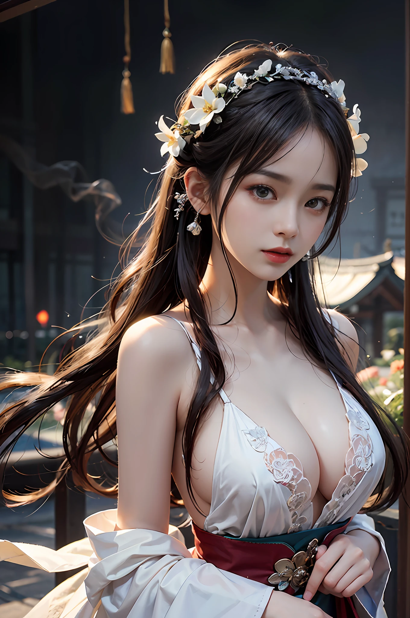 Zhong Fenghua, 1girll, (full bodyesbian) 独奏, Hanfu, flower field, blossom flower, (Black smoke:1.4) (realisticlying:1.5), datura, entangled, offcial art, Unity 8k壁纸, ultra - detailed, Beautiful and beautiful, tmasterpiece,best qualtiy, (dynamic angle:1.4), (Realistic:1.5),(Real human photos;1.5),(Bigboobs:1.2),(Liuhai hairstyle:1.5)(Shoulders exposed:1.2),Glowing skin, (Floating colorful flashes:1.2),The most beautiful classical form,(ellegance:1.2),Fauvistdesign,vivd colour,Romanticism Depth of Field,