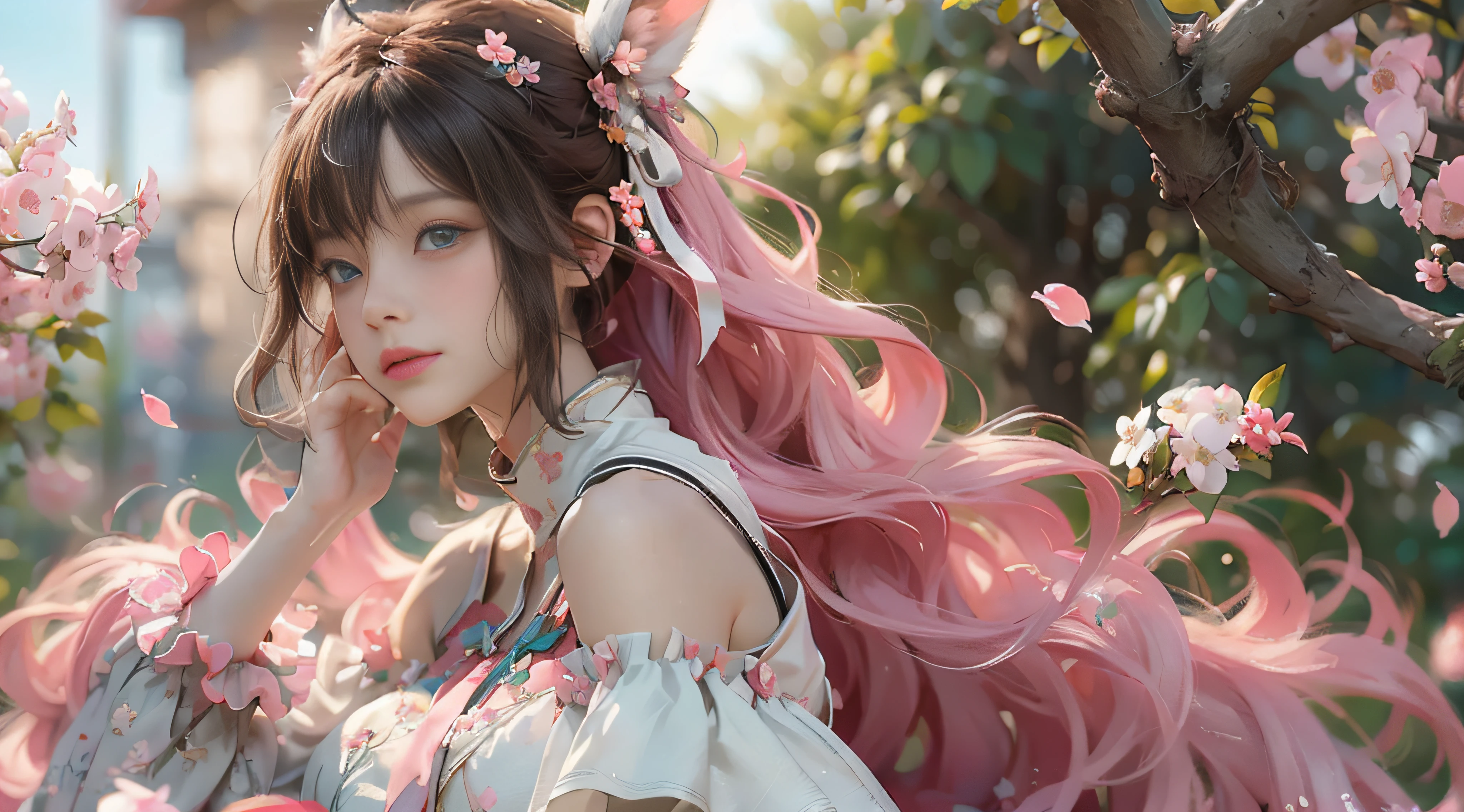((best qualtiy)), ((tmasterpiece)), (detail:1.4), Beautiful cyberpunk female images,hdr(HighDynamicRange),Ray traching,NVIDIA RTX,Hyper-Resolution,illusory 5,sub surface scattering,PBR textures,post-proces,Anisotropy Filtering,depth of fields,maximum definition and sharpness,Many-Layer Textures,Albedo e mapas Speculares,Surface coloring,Mitsu-Accurate simulation of material interactions,perfectly proportioned,rendering by octane,Two-colored light,largeaperture,Low ISO,White balance,Rule three points、8K raw data、Beautiful bright blue pupils,off-the-shoulder clothes,Fine pupils,Delicate face and eyes,long eyelasher,Blushlush,Delicate and fluffy hair,pink lip,Pure,Cute face,Sweet girl,Artistic sense,Casual wear,Advancedsense,butterflys,Cherry blossom petal,Beautiful hair accessories,Long hair and waist,Hair fluttering in the wind,Snow-white fox ears,curlies