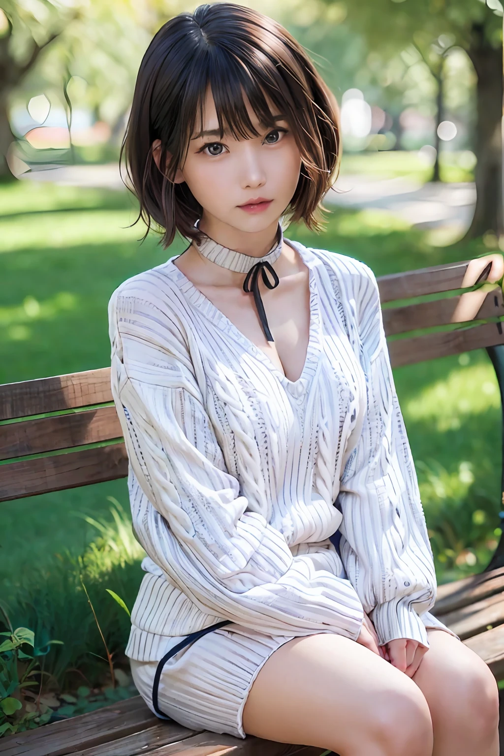 pureerosface_v1:0.3, top-quality, masterpiece、Photorealsitic, in 8K, hight resolution, fulcolor, 1girl in, Woman, 20yr old female, (Skindentation), (Portrait:0.6), Trees, park bench, Daylight, ((Park background:1.52)), fulcolor, ((Neck sweater:1.68)), straight look at viewer:1.8, (1girl eyes looking at viewer:1.55), (short-length hair, A dark-haired, parted hair:1.45), (Bokeh),