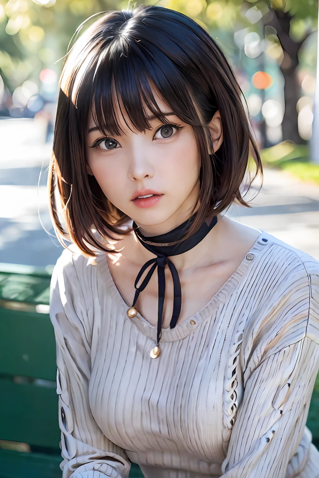 pureerosface_v1:0.3, top-quality, masterpiece、Photorealsitic, in 8K, hight resolution, fulcolor, 1girl in, Woman, 20yr old female, (Skindentation), (Portrait:0.6), Trees, park bench, Daylight, ((Park background:1.52)), fulcolor, ((Neck sweater:1.68)), straight look at viewer:1.8, (1girl eyes looking at viewer:1.55), (short-length hair, A dark-haired, parted hair:1.45), (Bokeh),