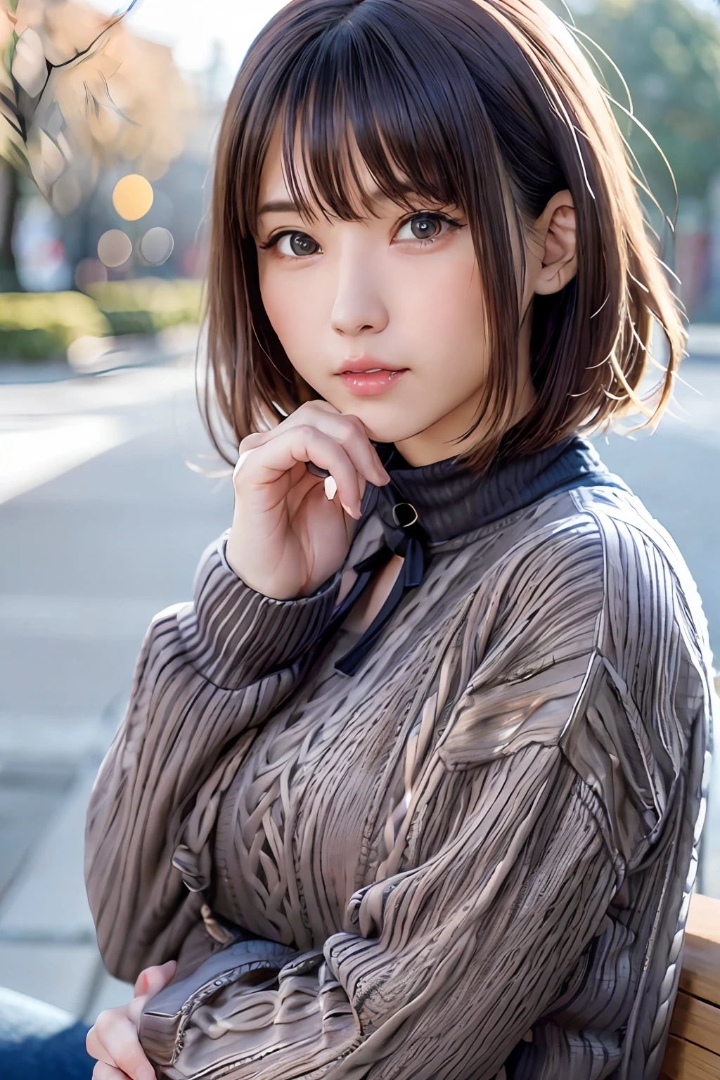 pureerosface_v1:0.3, top-quality, ​masterpiece、Photorealsitic, in 8K, hight resolution, fulcolor, 1girl in, Woman, 20yr old female, (Skindentation), (Portrait:0.6), Trees, park bench, Daylight, ((Park background:1.52)), fulcolor, ((Neck sweater:1.68)), straight look at viewer:1.8, (1girl eyes looking at viewer:1.55), (short-length hair, A dark-haired, parted hair:1.45), (Bokeh),