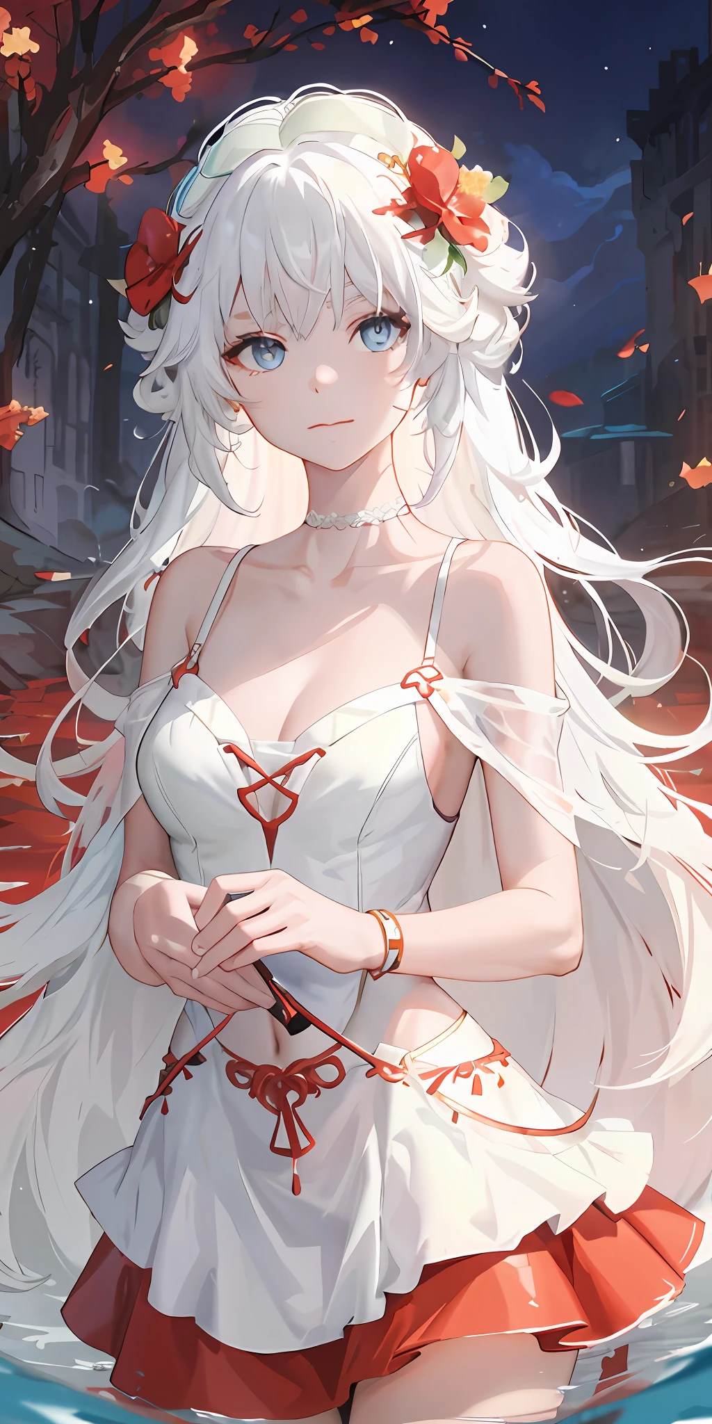 tmasterpiece， Best quality at best， high light， 1girll， 独奏， long whitr hair， Hats， eBlue eyes， White hair， messy  hair， black glove， white legwear， ， Mini skirt， tight top， holding a weapon， Riffey， squatt，