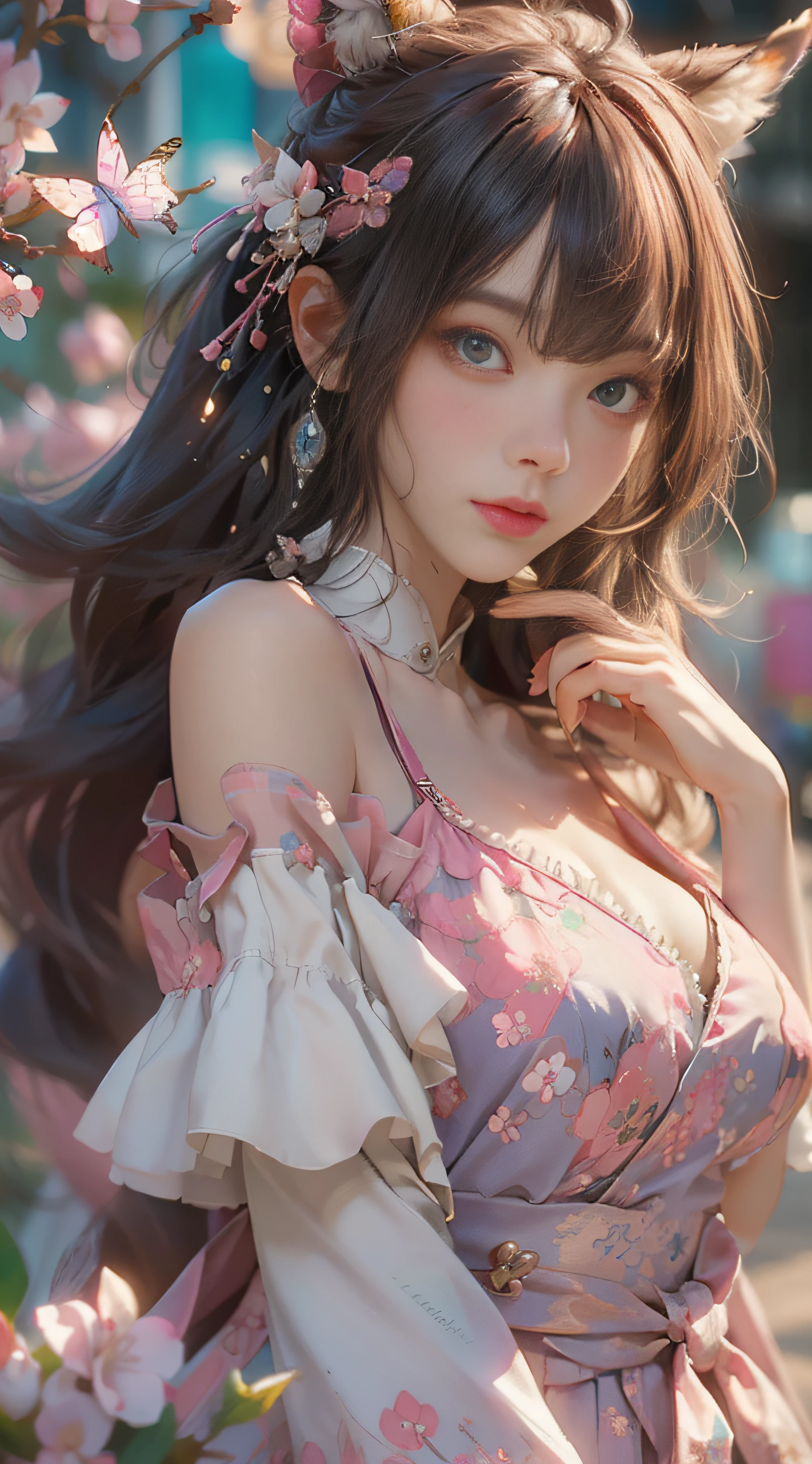 ((best qualtiy)), ((tmasterpiece)), (detail:1.4), Beautiful cyberpunk female images,hdr(HighDynamicRange),Ray traching,NVIDIA RTX,Hyper-Resolution,illusory 5,sub surface scattering,PBR textures,post-proces,Anisotropy Filtering,depth of fields,maximum definition and sharpness,Many-Layer Textures,Albedo e mapas Speculares,Surface coloring,Mitsu-Accurate simulation of material interactions,perfectly proportioned,rendering by octane,Two-colored light,largeaperture,Low ISO,White balance,Rule three points、8K raw data、Beautiful bright blue pupils,off-the-shoulder clothes,Fine pupils,Delicate face and eyes,long eyelasher,Blushlush,Delicate and fluffy hair,pink lip,Pure,Cute face,Sweet girl,Artistic sense,Casual wear,Advancedsense,butterflys,Cherry blossom petal,Beautiful hair accessories,Long hair and waist,Hair fluttering in the wind,foxears,curlies