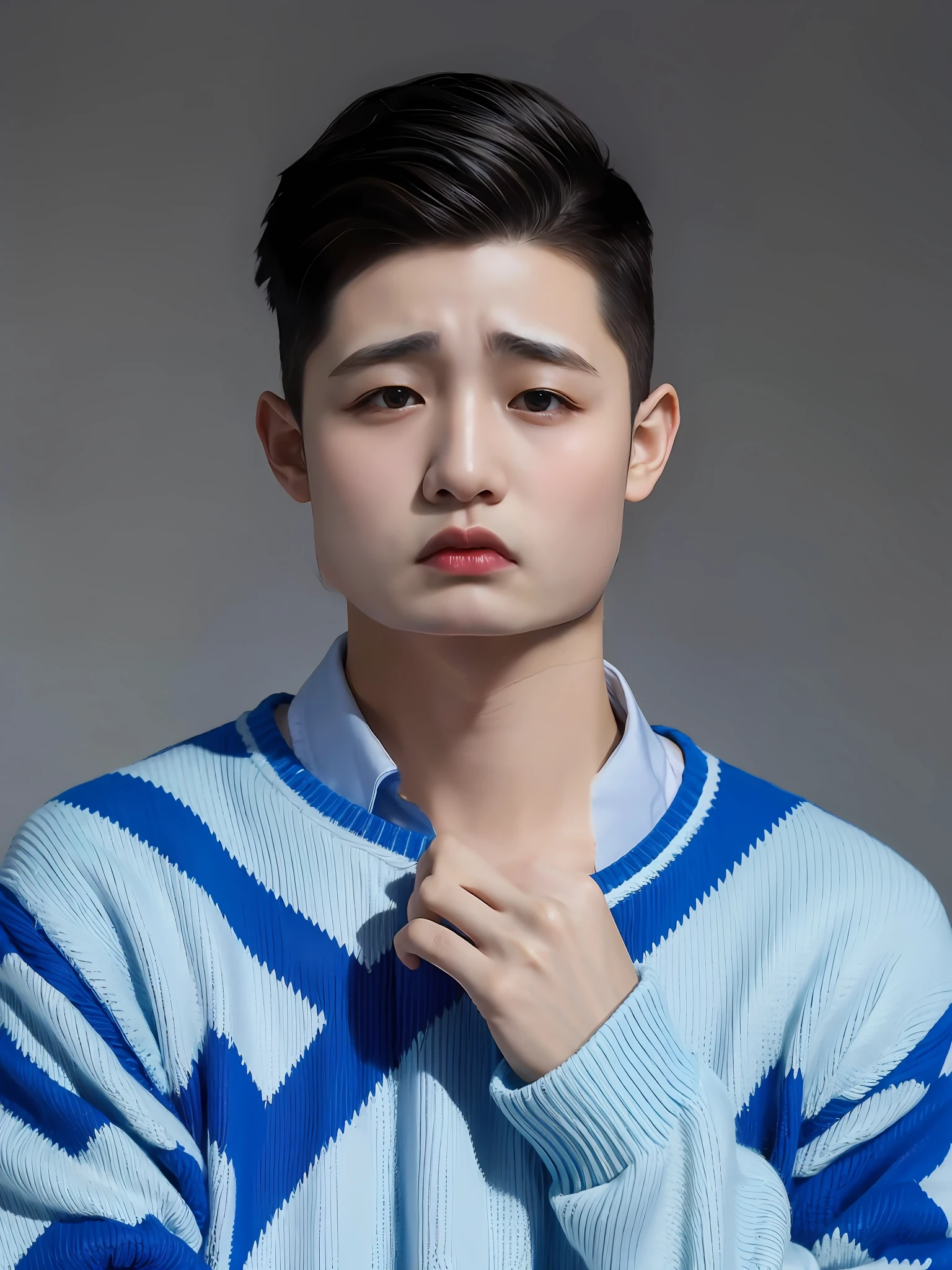 A Chinese male high school student，Wear a blue sweater
