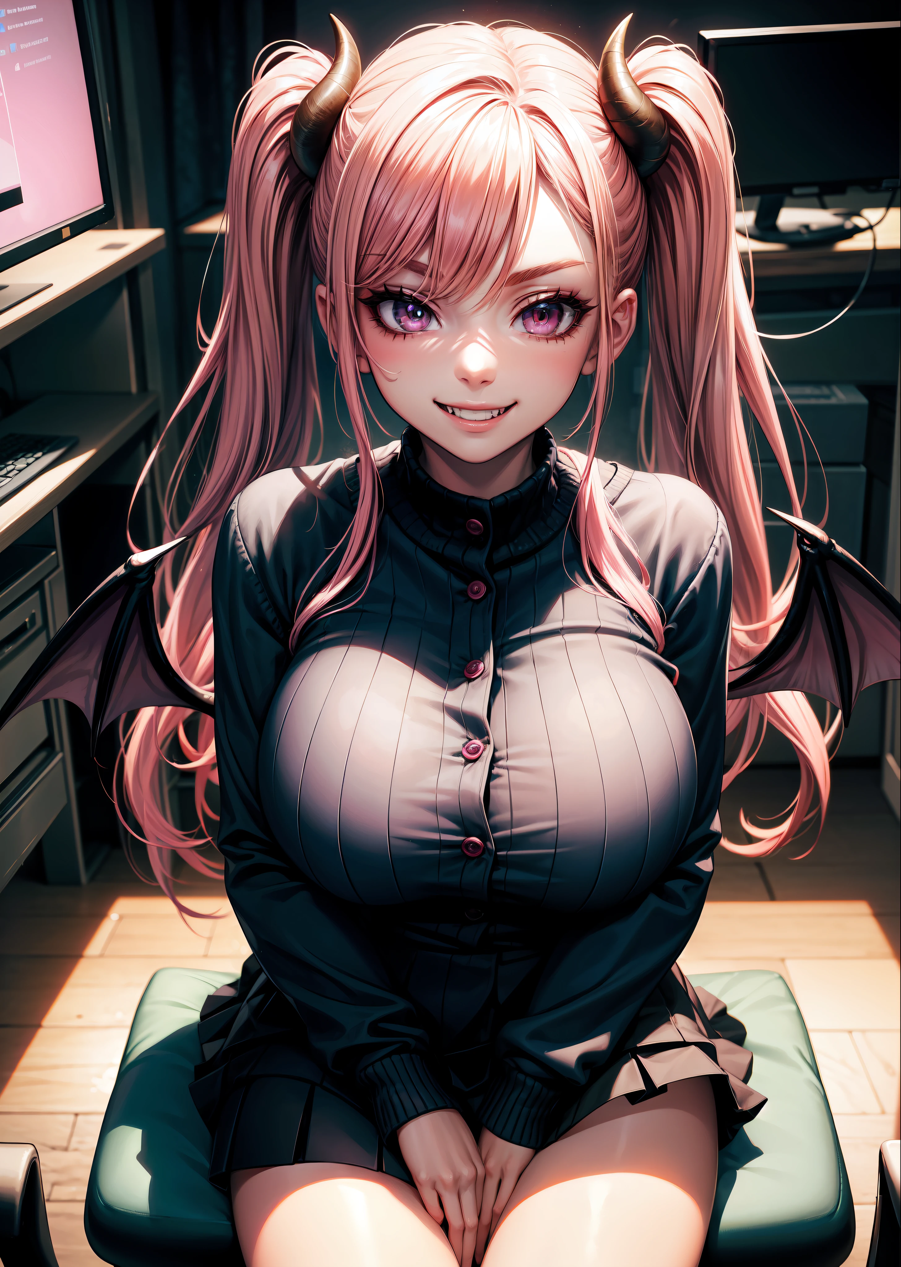 4k, twin tails ,Lens flare, pink hair ,mascara, eyeliner, god rays, 4k, 8k, best quality, masterpiece, hyper detailed, intricate detail, 1girl, solo, detailed, Detailed fuschia hair ++, detailed pink eyes ++,  raytracing, perfect shadow, highres, enhanced eyes,  huge breasts, horns, succubus wings, succubus, womb tattoo,  evil grin, narrow eyebrows, seductive, fangs, hyper detailed, interesting background, , detailed face, detailed clothing. volumptuous, colourful background, sitting down, on gaming chair, evil smile, cardigan,gaming shirt, mini skirt,