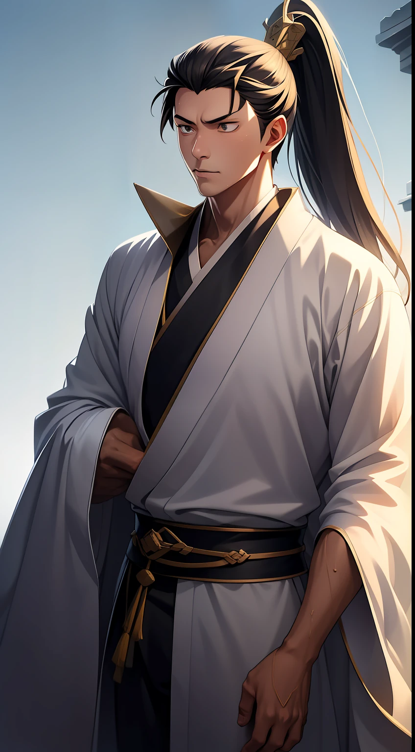 quadratic element,style of anime,mtu(Male Warrior),The proportions are correct,Face details,swordsmen,High ponytail hairstyle,Neck details,There is an Adam's apple,Black Hanfu,kaftan,Embroidered robes,Black robe,clothes details,Handing over,longer sleeves,Game quality,Swordsmanship,Light and shadow tracking,Ray traching,detailed glow,cg render,hair detail,long white hair,Black eyes,Handsome,Handsome,(juvenile sense),Clothing is complicated,Perfectcomposition,Refinement,high qulity,higher details,Lots of details,The background is complex,a sense of atmosphere,