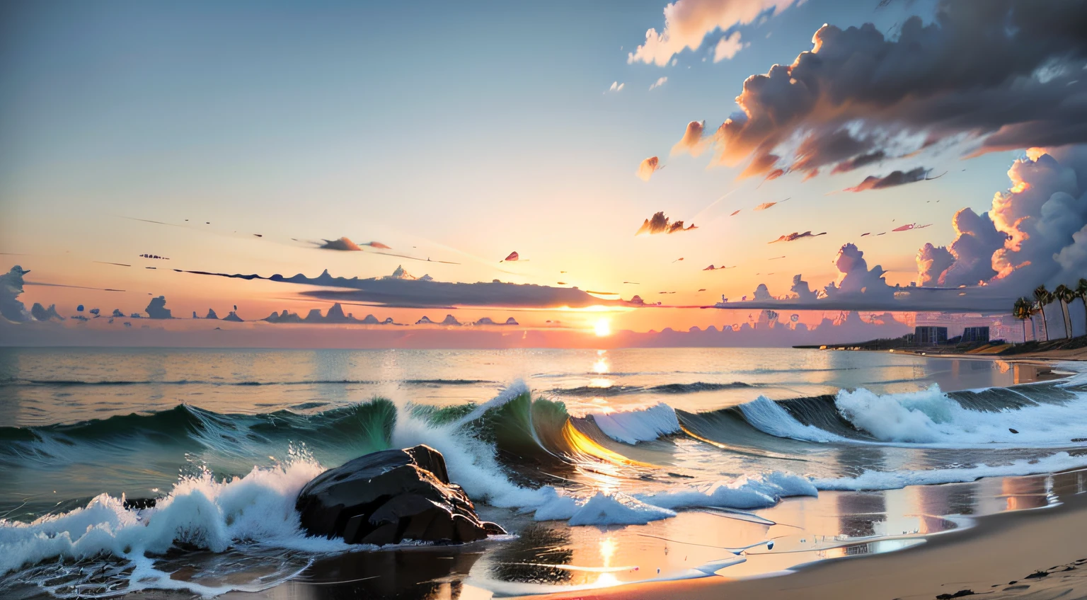 An absolutely mesmerizing sunset over the beach, with a blend of oranges, pinks, and yellows filling the sky. Crystal-clear waters of the sea gently kissing the shore, with sandy white beach stretching far and wide. The scene is dynamic and breathtaking, with seagulls soaring high in the sky and gently swaying palm trees. Take in the calming atmosphere and let the peacefulness wash over you.