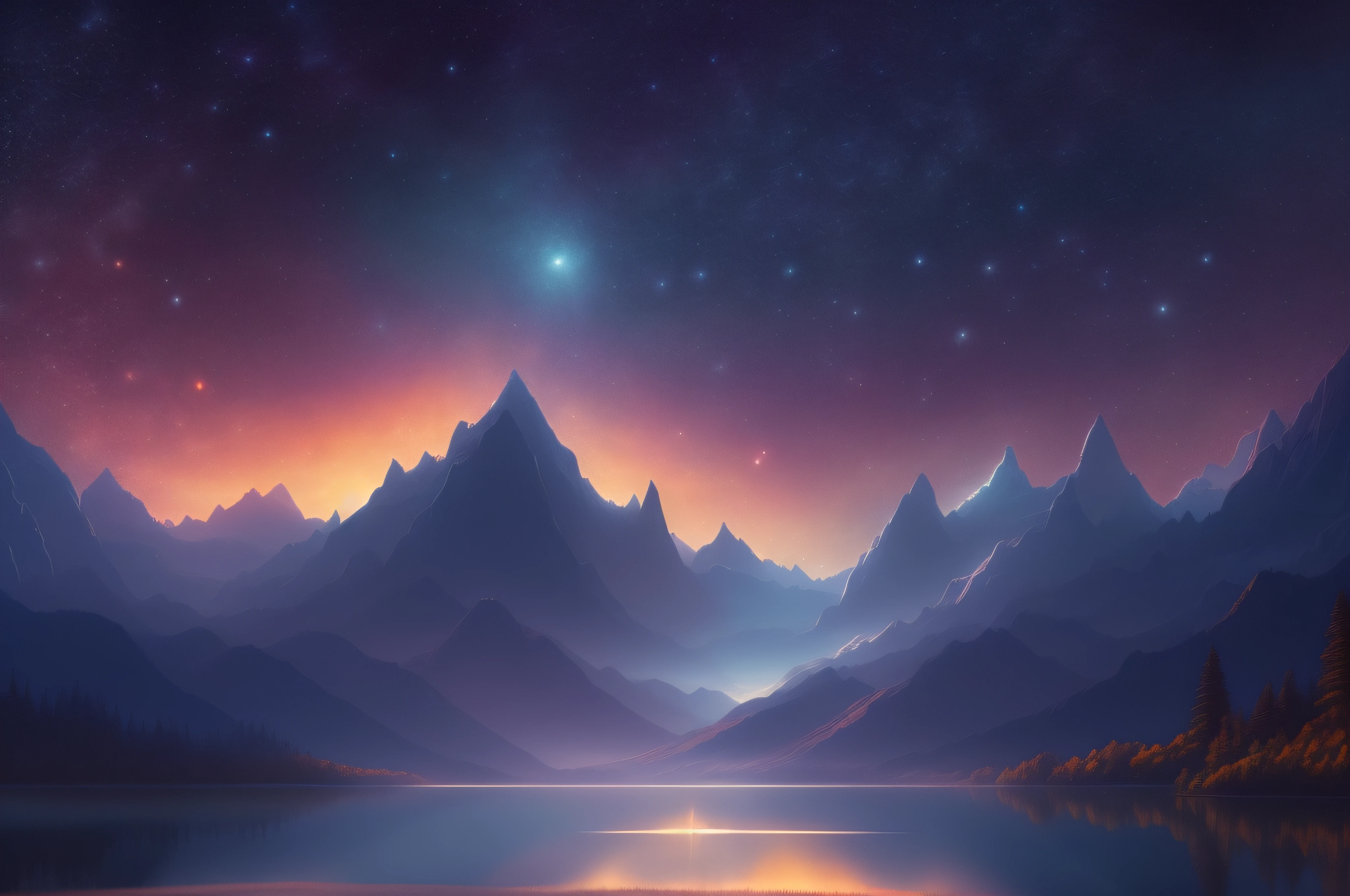 Starry Sky with Mountains and Lake, Jessica Rossier, Inspired by Jessica Rossier, Jessica Rossier Fantasy Art, Concept Art Magic Highlights, Official Artwork, Dream Painting, Ethereal Realm, Atmospheric artwork, dreamy matte paintings, serene endless stars inspired by Ted Nasmith, moonlit starry environments, epic music album covers.