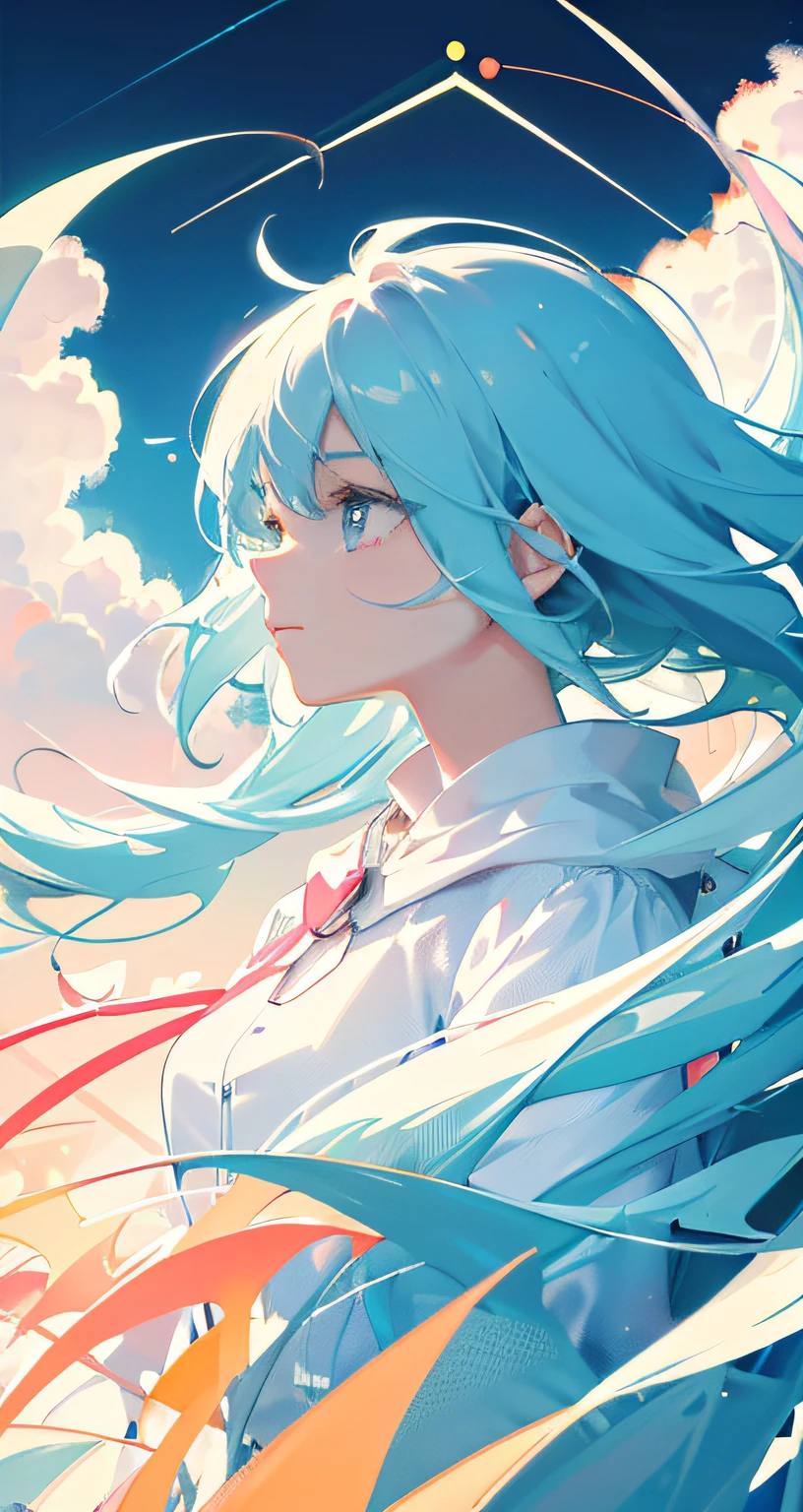 masterpiece, best quality, movie still, 1girl, floating in the sky, cloud girl, cloud, (close-up:1.1), bright, happy, fun, soft lighting, (Bauhaus, shapes, lines, abstract:1.1)