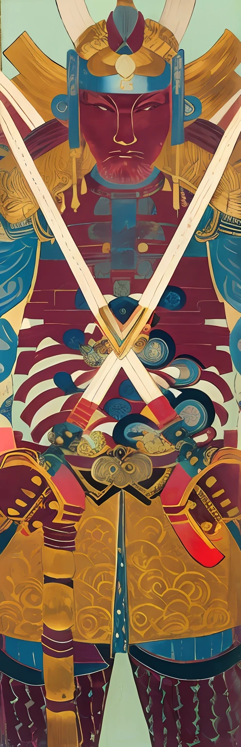 Samurai painting holding two swords,Victor Ni's delicate texture,Inspired by Utagawa Kokusei III and Utagawa Kokusei II,Accompanied by the image of Victor Ngay and Tristan Eaton,Victor's car,Adopt the CMYK color palette,Combining Botticelli and Surrealist Viktor Wei。