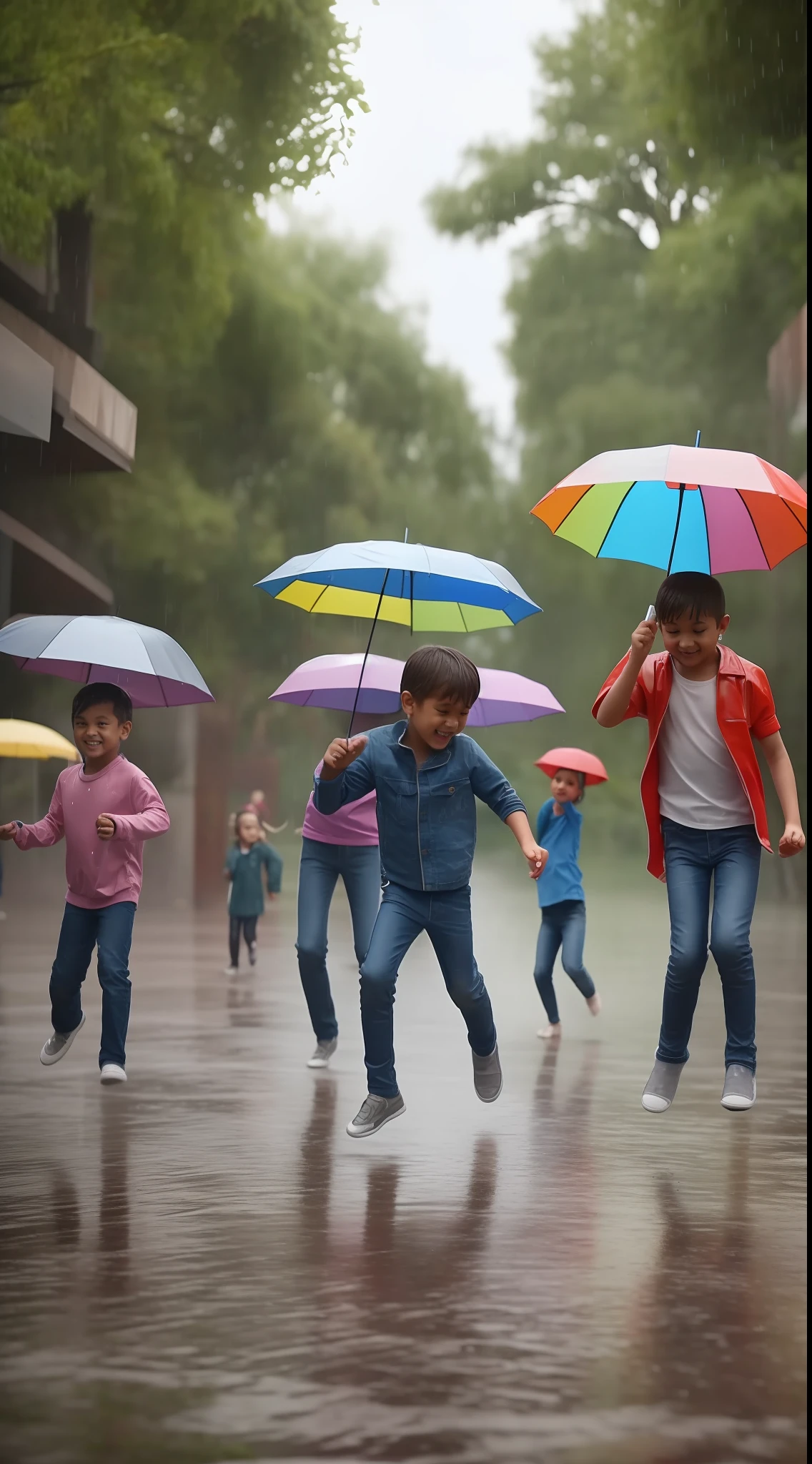 Kids dancing in rain and friends is also dancing in rain , ultra realistic , hd