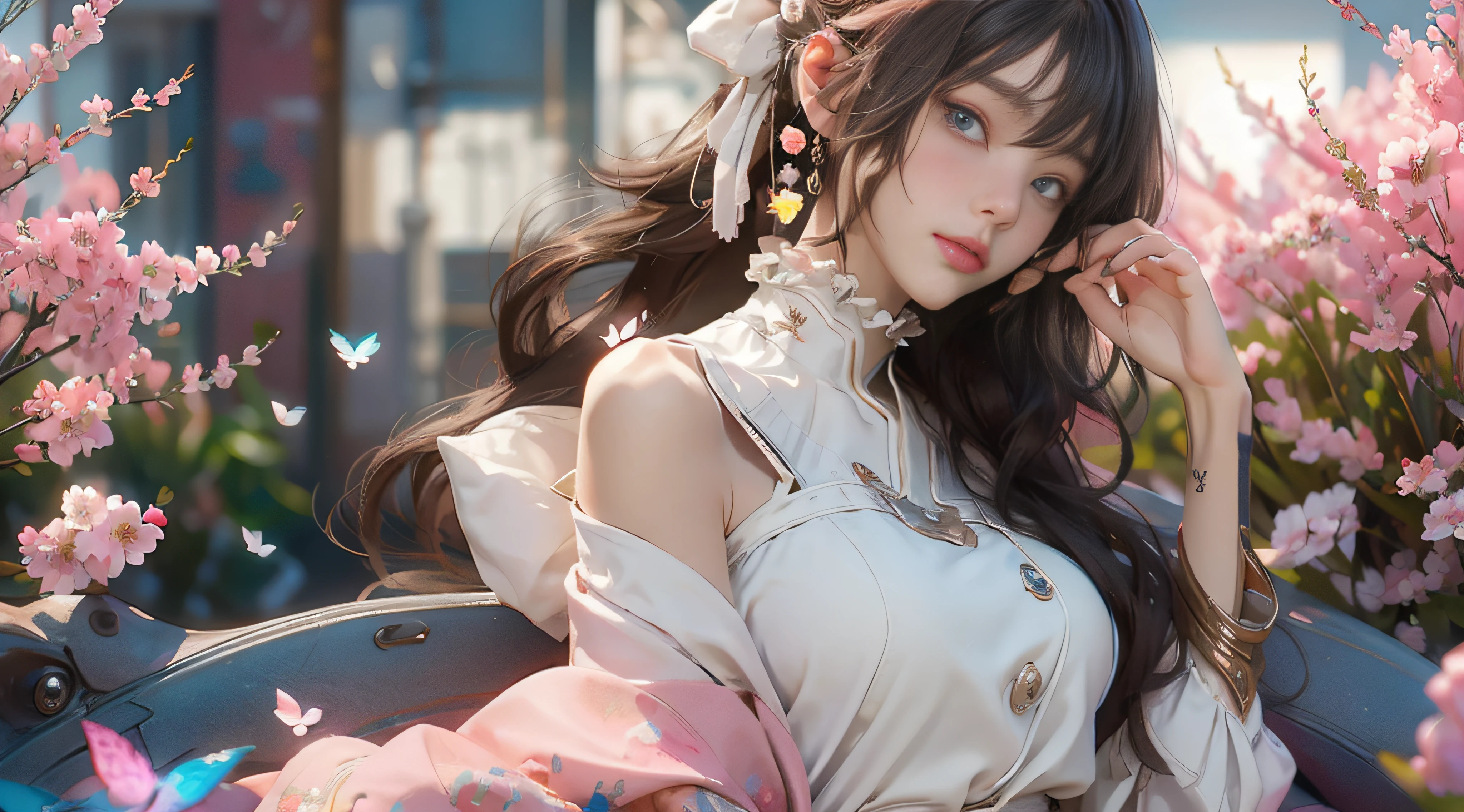 ((best qualtiy)), ((tmasterpiece)), (detail:1.4), Beautiful cyberpunk female images,hdr(HighDynamicRange),Ray traching,NVIDIA RTX,Hyper-Resolution,illusory 5,sub surface scattering,PBR textures,post-proces,Anisotropy Filtering,depth of fields,maximum definition and sharpness,Many-Layer Textures,Albedo e mapas Speculares,Surface coloring,Mitsu-Accurate simulation of material interactions,perfectly proportioned,rendering by octane,Two-colored light,largeaperture,Low ISO,White balance,Rule three points、8K raw data、Beautiful bright blue pupils,off-the-shoulder clothes,Fine pupils,Delicate face and eyes,long eyelasher,Blushlush,Delicate and fluffy hair,pink lip,Pure,Cute face,Sweet girl,Artistic sense,Casual wear,Advancedsense,butterflys,Cherry blossom petal,Beautiful hair accessories,Long hair and waist,Hair fluttering in the wind,Snow-white fox ears,curlies