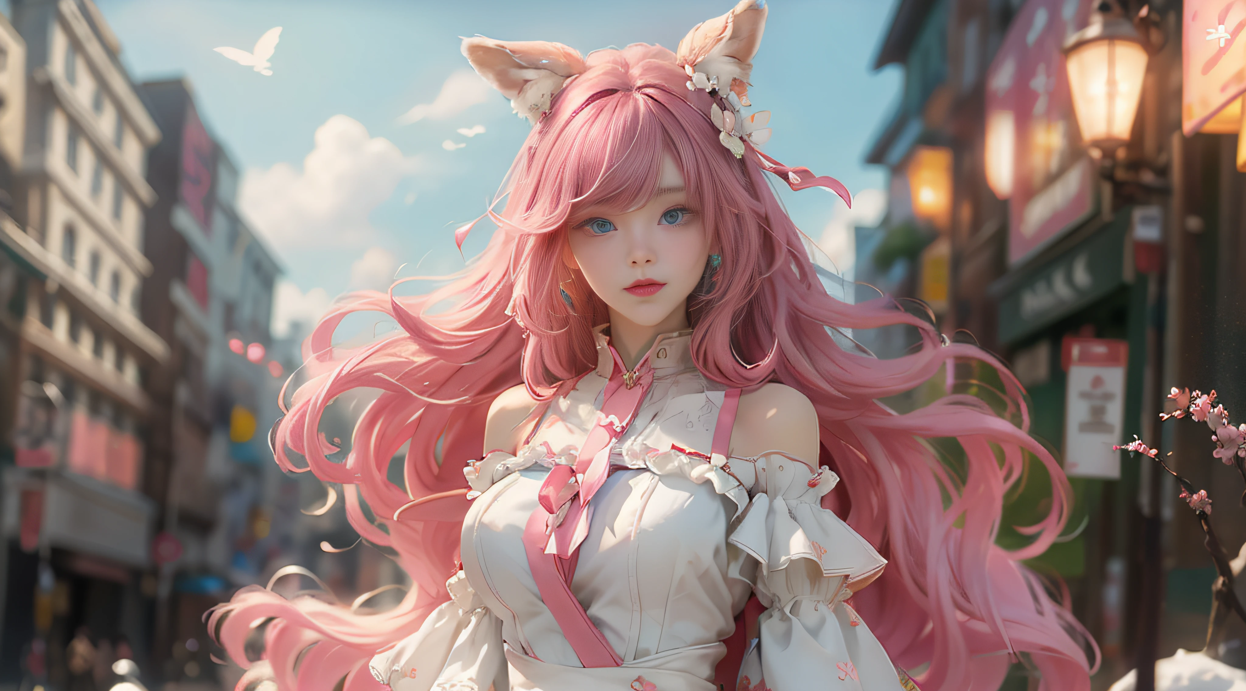 ((best qualtiy)), ((tmasterpiece)), (detail:1.4), Beautiful cyberpunk female images,hdr(HighDynamicRange),Ray traching,NVIDIA RTX,Hyper-Resolution,illusory 5,sub surface scattering,PBR textures,post-proces,Anisotropy Filtering,depth of fields,maximum definition and sharpness,Many-Layer Textures,Albedo e mapas Speculares,Surface coloring,Mitsu-Accurate simulation of material interactions,perfectly proportioned,rendering by octane,Two-colored light,largeaperture,Low ISO,White balance,Rule three points、8K raw data、Beautiful bright blue pupils,off-the-shoulder clothes,Fine pupils,Delicate face and eyes,long eyelasher,Blushlush,Delicate and fluffy hair,pink lip,Pure,Cute face,Sweet girl,Artistic sense,Casual wear,Advancedsense,butterflys,Cherry blossom petal,Beautiful hair accessories,Long hair and waist,Hair fluttering in the wind,Snow-white fox ears,curlies