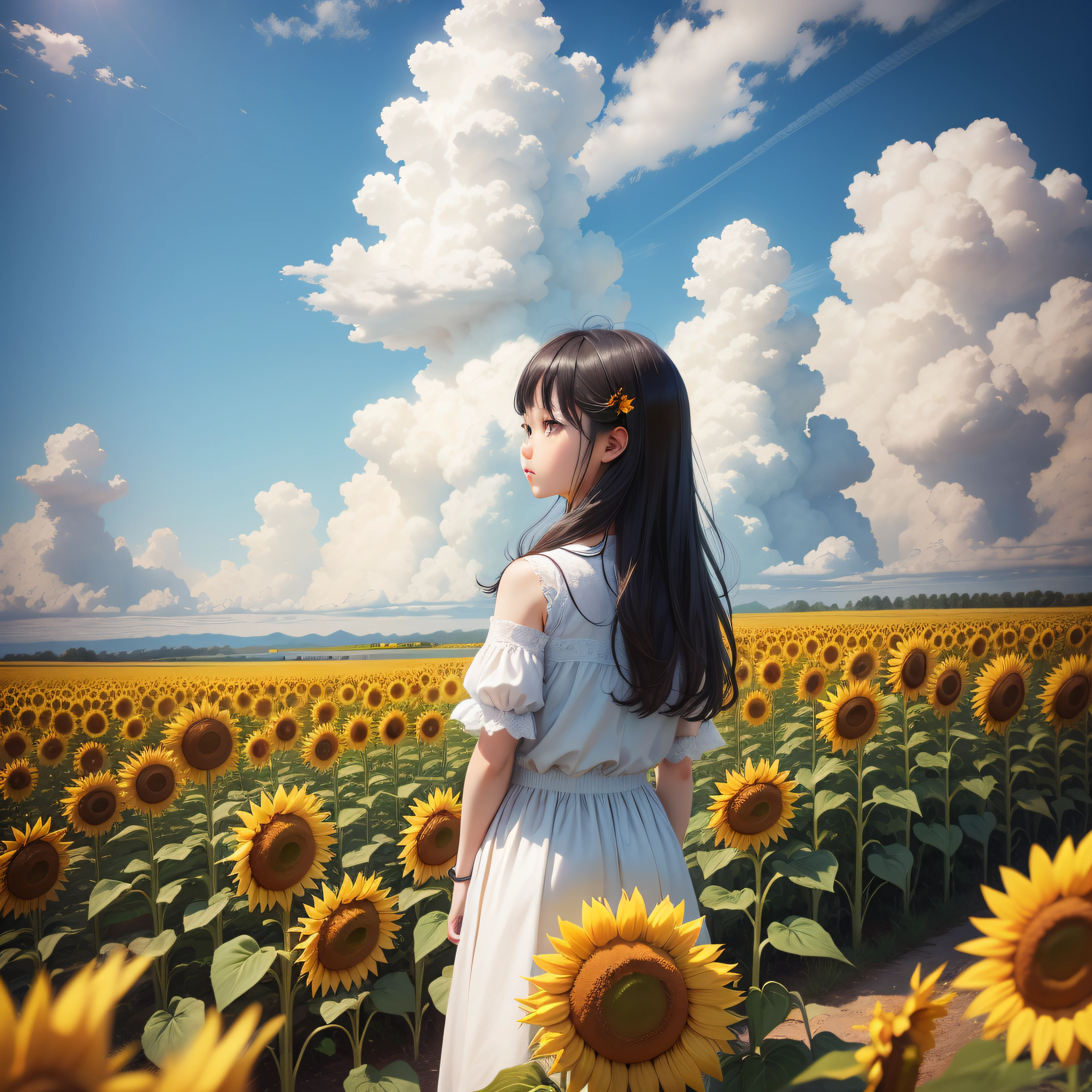 Girl Standing in Yellow Sunflower Field、blue-sky、white clouds、optic、８K、Realistic as a photo、细致背景、