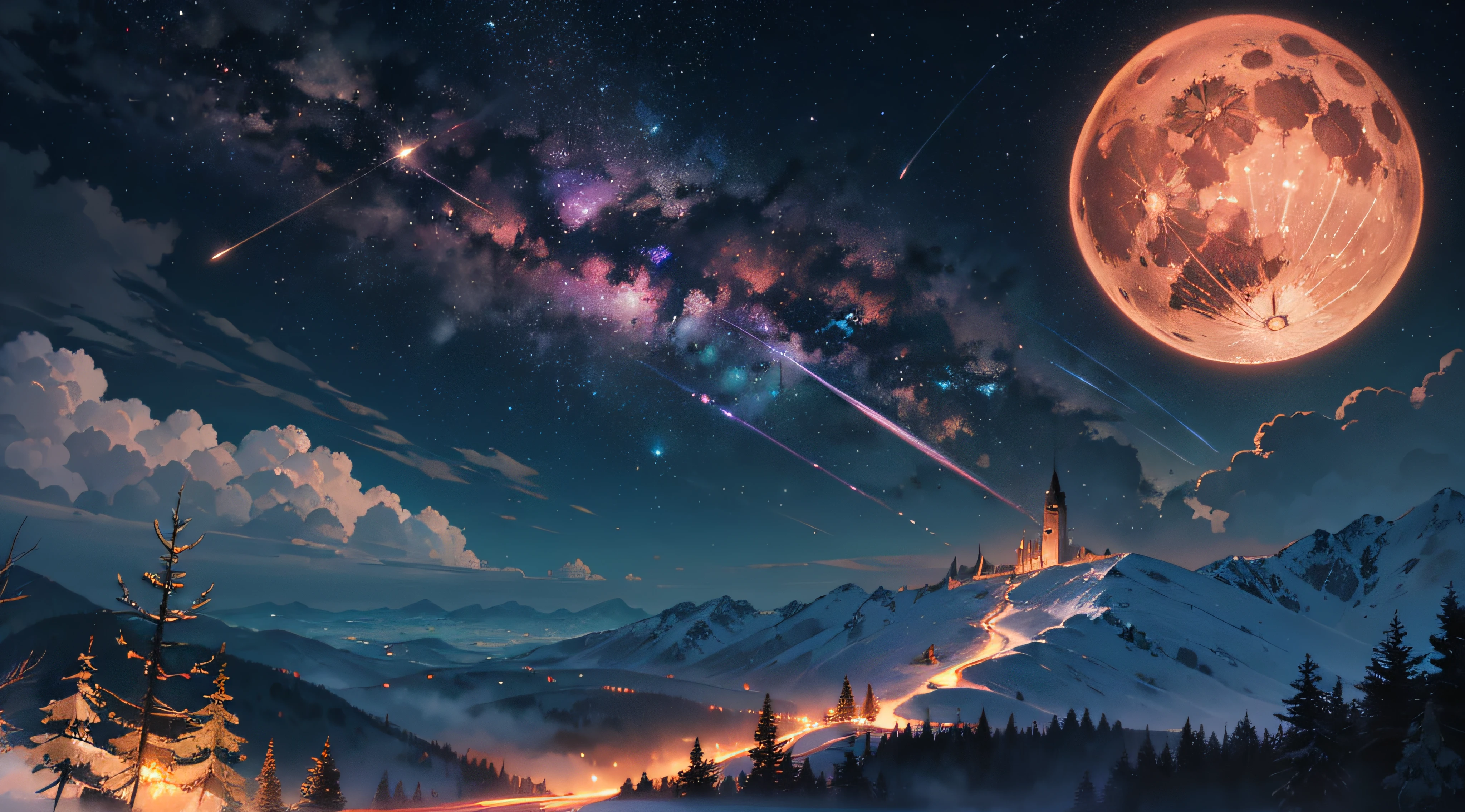 Expansive landscape photograph，（moon full：1.2），（meteors：0.9），（Starcloud：1.3），Far Mountain, Tree BREAK making art，（Warm light source：1.2），（glowworm：1.2），lamp lights，Lots of purple and orange，Complicated details，Volumetriclighting，Realism BREAK（tmasterpiece：1.2），（best qualtiy），8K，Ultra-detailed，（dynamic compositions：1.4），The is very detailed，Colorful details，（Irridescent color：1.2），（luminouslighting，Atmospheric lighting），dream magical，magical，（独奏：1.2），（（best qualtiy））， （（tmasterpiece））， （the detail：1.4），depth of fields，maximum definition and sharpness，perfectly proportions，Fluttering clouds，Wallpapers