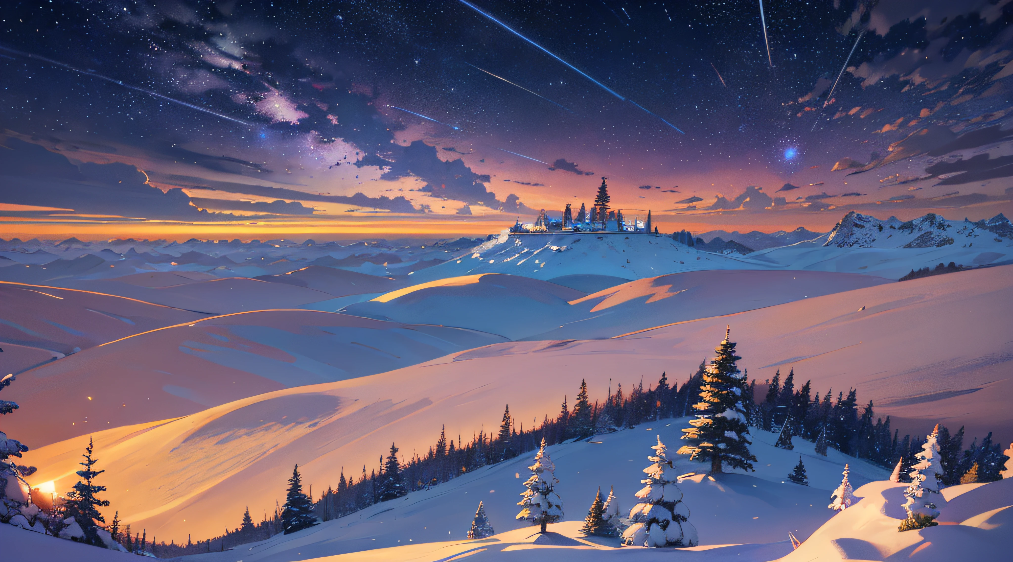 Expansive landscape photograph,(moon full:1.2),(meteors:0.9),(Starcloud:1.3),Far Mountain, Tree BREAK making art,(Warm light source:1.2),(glowworm:1.2),lamp lights,Lots of purple and orange,Complicated details,Volumetriclighting,Realism BREAK(tmasterpiece:1.2),(best qualtiy),8K,Ultra-detailed,(dynamic compositions:1.4),The is very detailed,Colorful details,(Irridescent color:1.2),(luminouslighting,Atmospheric lighting),dream magical,magical,(独奏:1.2),((best qualtiy)), ((tmasterpiece)), (the detail:1.4),depth of fields,maximum definition and sharpness,perfectly proportions,Fluttering clouds,Wallpapers