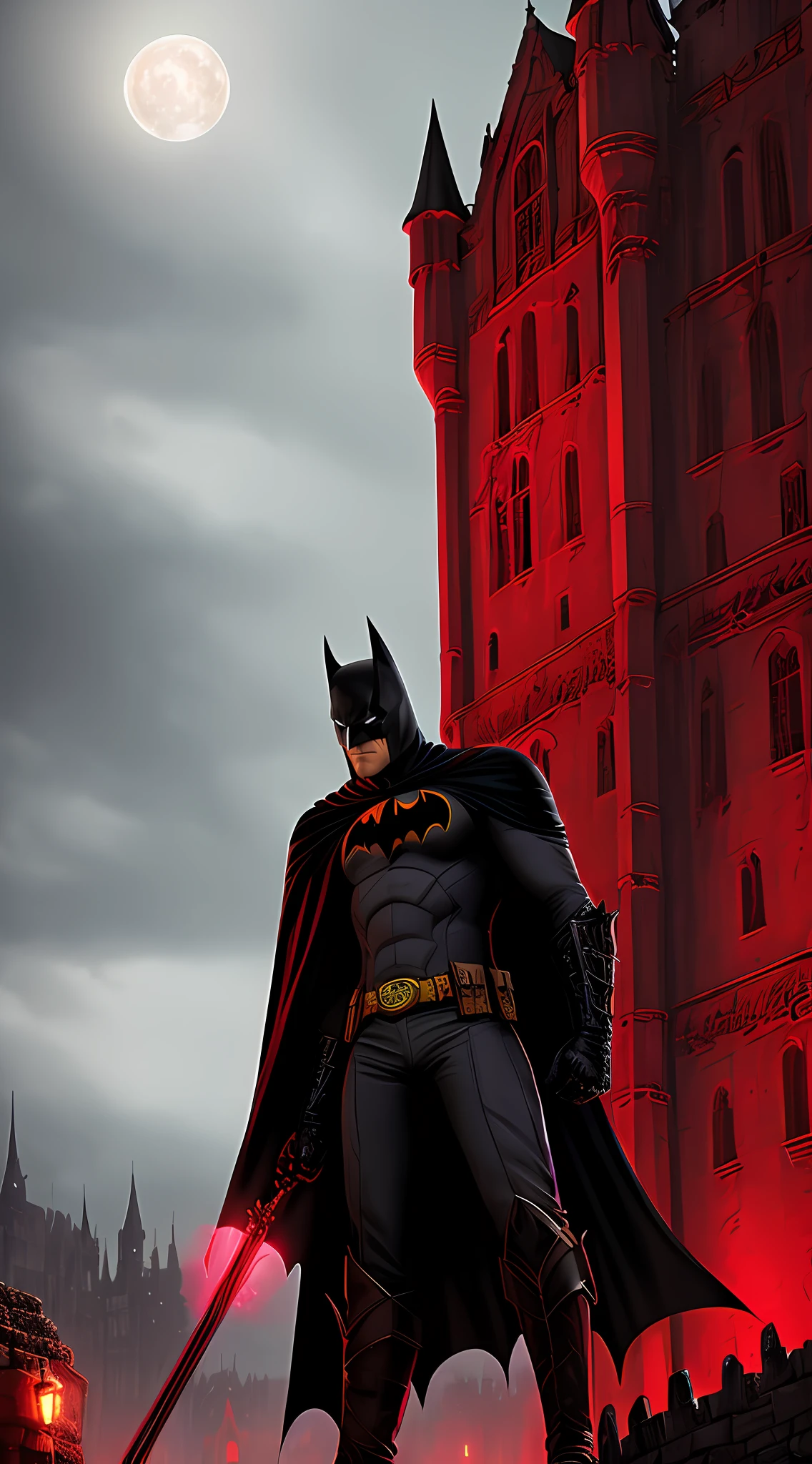 upper bod（Crimson Moon，Dark red night），Lower（（An old castle，Batman stands at the city gate：Flashlight in hand,Wearing a black cape，Look at the gate）），8K quality，offcial art，Mechanical punk style，Detailed details