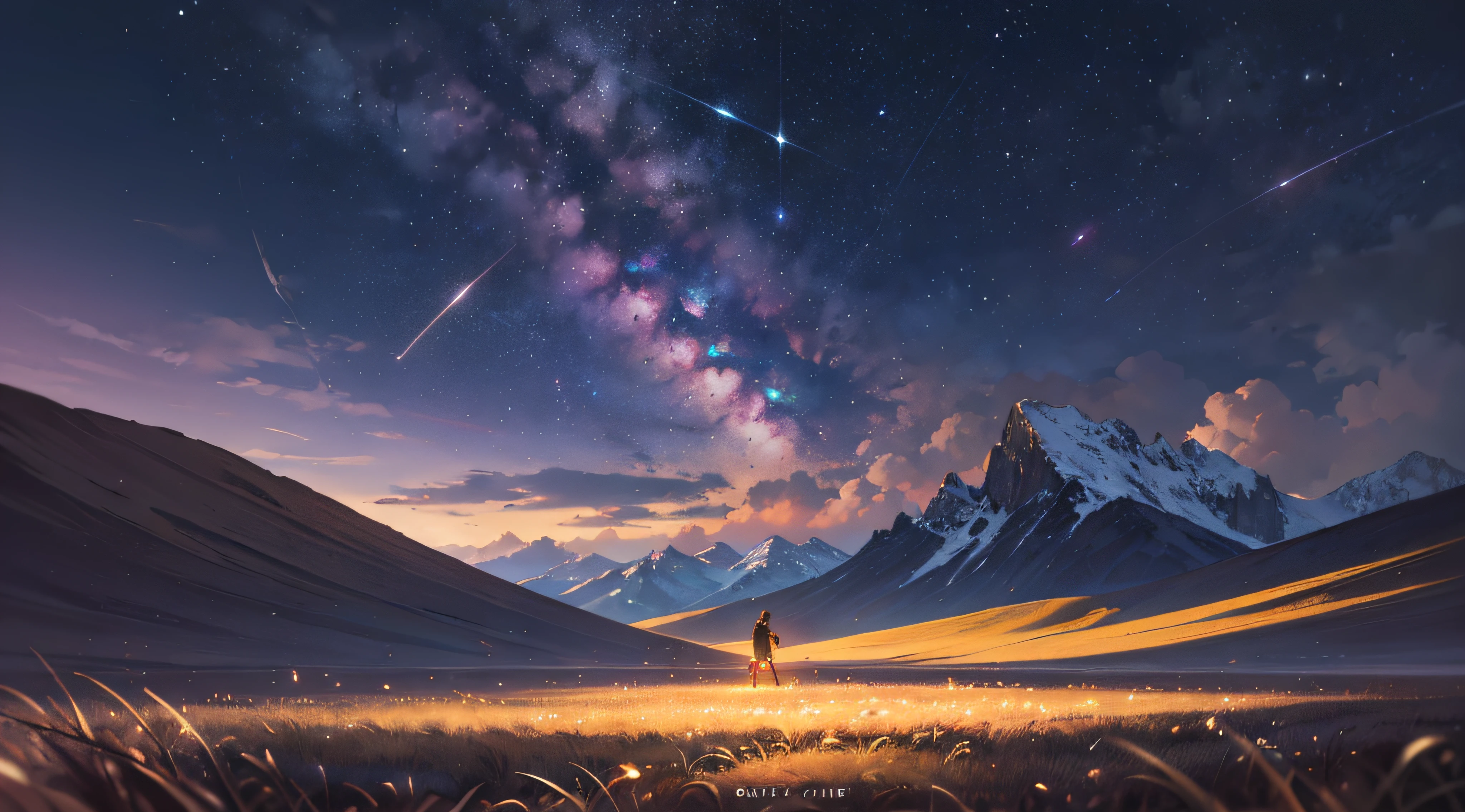 Expansive landscape photograph,(moon full:1.2),(meteors:0.9),(Starcloud:1.3),Far Mountain, Tree BREAK making art,(Warm light source:1.2),(glowworm:1.2),lamp lights,Lots of purple and orange,Complicated details,Volumetriclighting,Realism BREAK(tmasterpiece:1.2),(best qualtiy),8K,Ultra-detailed,(dynamic compositions:1.4),The is very detailed,Colorful details,(Irridescent color:1.2),(luminouslighting,Atmospheric lighting),dream magical,magical,(独奏:1.2),((best qualtiy)), ((tmasterpiece)), (the detail:1.4),depth of fields,maximum definition and sharpness,perfectly proportions,Fluttering clouds,Wallpapers