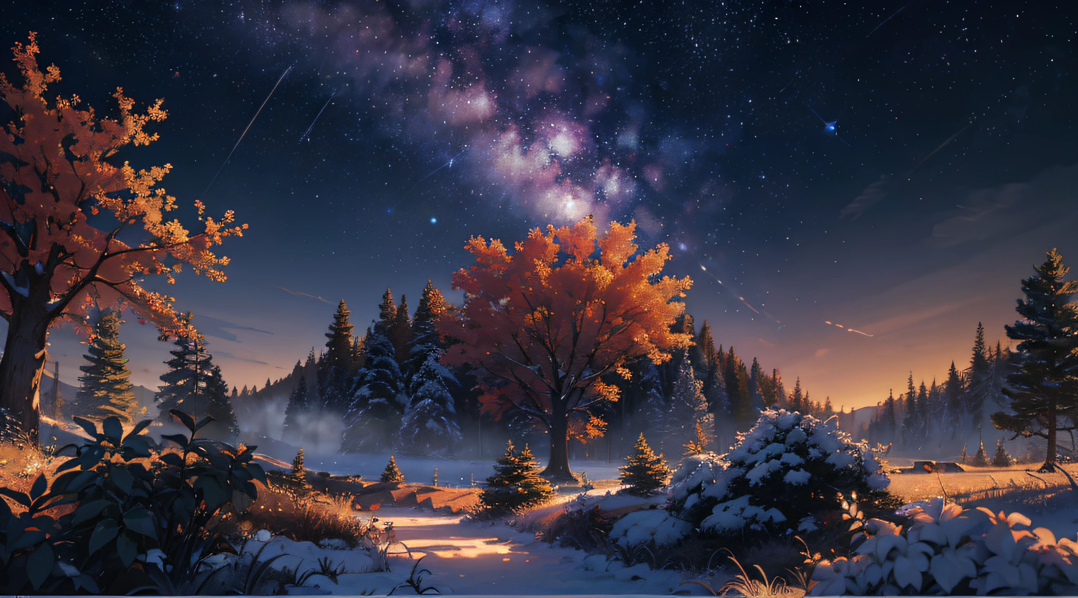 Expansive landscape photograph,(moon full:1.2),(meteors:0.9),(Starcloud:1.3),Far Mountain, Tree BREAK making art,(Warm light source:1.2),(glowworm:1.2),lamp lights,Lots of purple and orange,Complicated details,Volumetriclighting,Realism BREAK(tmasterpiece:1.2),(best qualtiy),8K,Ultra-detailed,(dynamic compositions:1.4),The is very detailed,Colorful details,(Irridescent color:1.2),(luminouslighting,Atmospheric lighting),dream magical,magical,(独奏:1.2),((best qualtiy)), ((tmasterpiece)), (the detail:1.4),depth of fields,maximum definition and sharpness,perfectly proportions,Fluttering clouds,Wallpapers