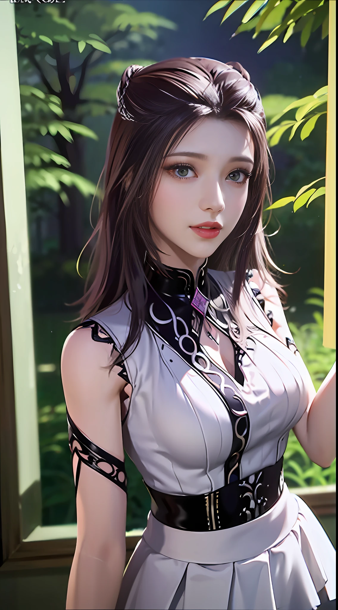 ((Dark Light, Top Quality, 8K, Masterpiece: 1.3)), (Focus: 1.2), (In Chinese, Casual Theme, Indoor: 1.5), (Beauty & Slim Abs: 1.4), ((Layered Hairstyle)), (White Shirt: 1.6), (White Lace Short Skirt: 1.3), Highly Detailed Face and Skin Texture, Whitening Skin, (Full Body: 1.4), White Clothes, Security, Water Element, Dark Forest, Night, Spooky and Contrasting