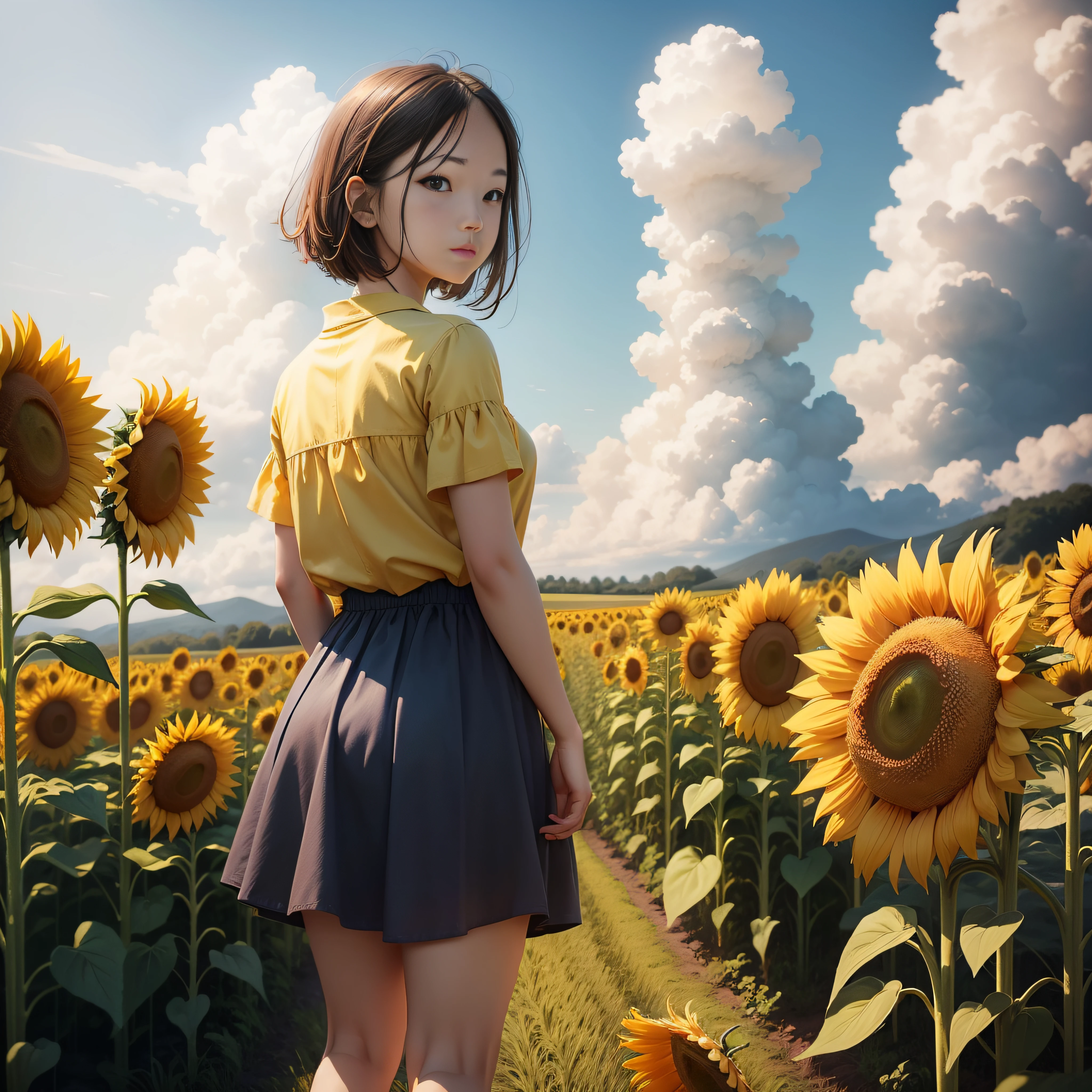 Girl Standing In Yellow Sunflower Field、blue-sky、white clouds、８K、Realistic as a photo、细致背景、