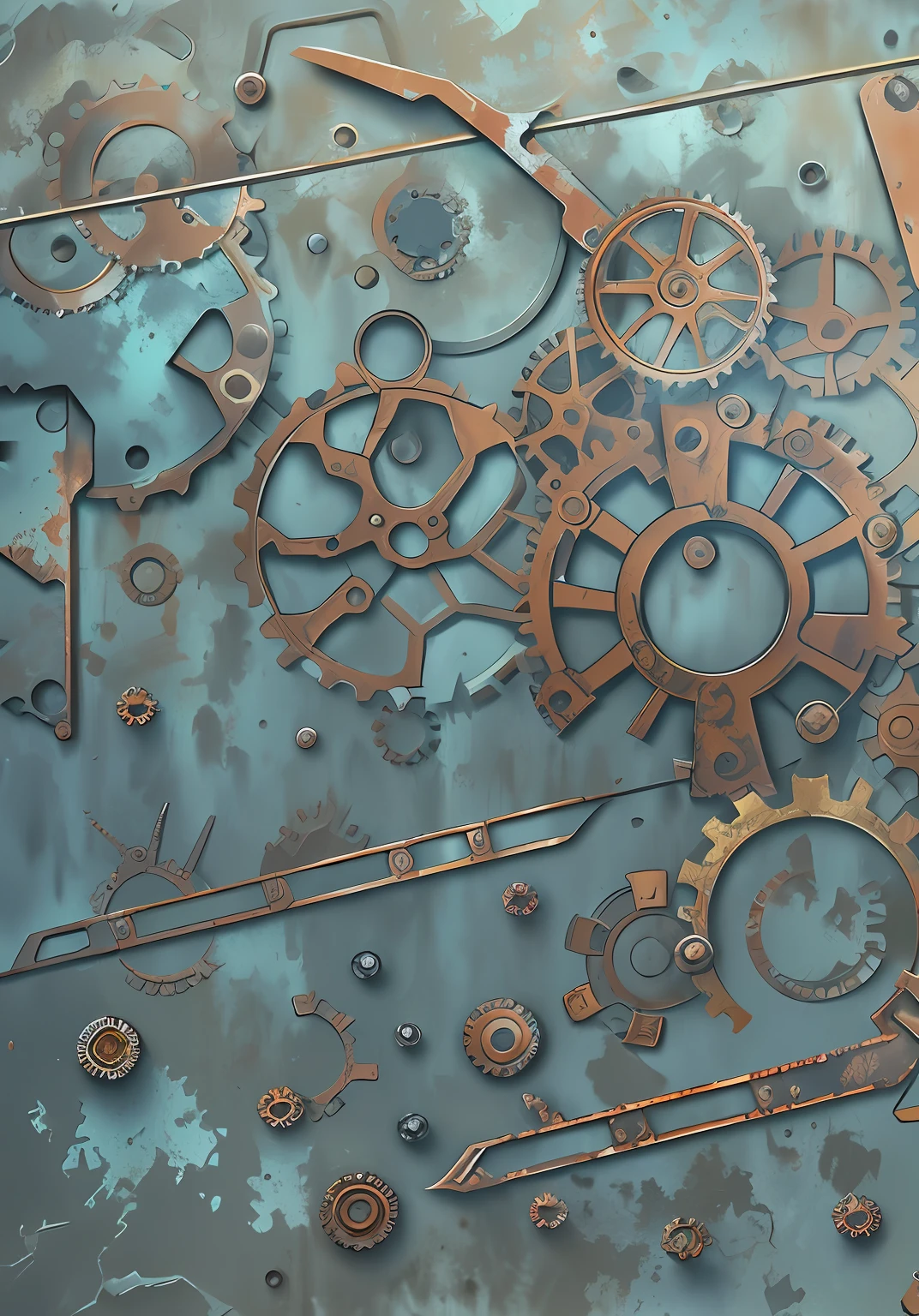 Rusty metal background,There are a lot of rusty and broken parts, rusty components, highly detailed texture render, steampunk background, Rusty shape, Rusty metal plating, Rusty gears,Three rusty butcher knives,Three-dimensional feeling,Metallic