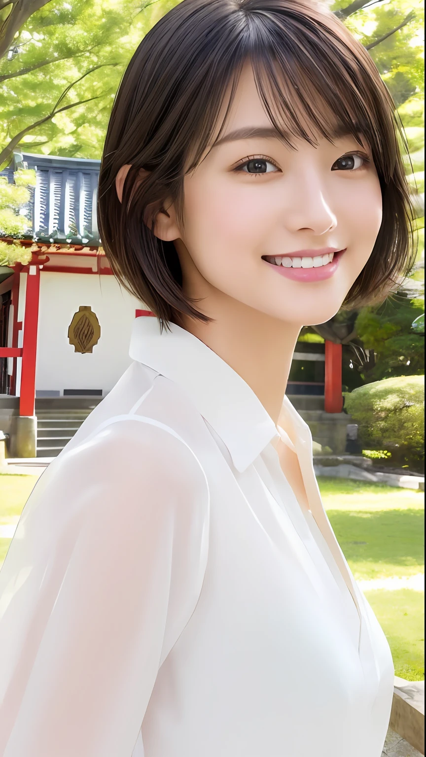 (​masterpiece:1.3), (8K, Photorealsitic, RAW Photography, Top image quality: 1.4), Miko style、japanes, (1girl in), beauitful face, (lifelike face), (A dark-haired, short-hair:1.3), Beautiful hairstyle, realisticeyes, Eyes in Beautiful Details, (real looking skin), Beautiful skins, enticing, 超A high resolution, A hyper-realistic, High Detail, the golden ratio, (Detal Face:1.2), see the beholder,a smile,opened white shirt,middlebreast,is standing,Visiting shrines
