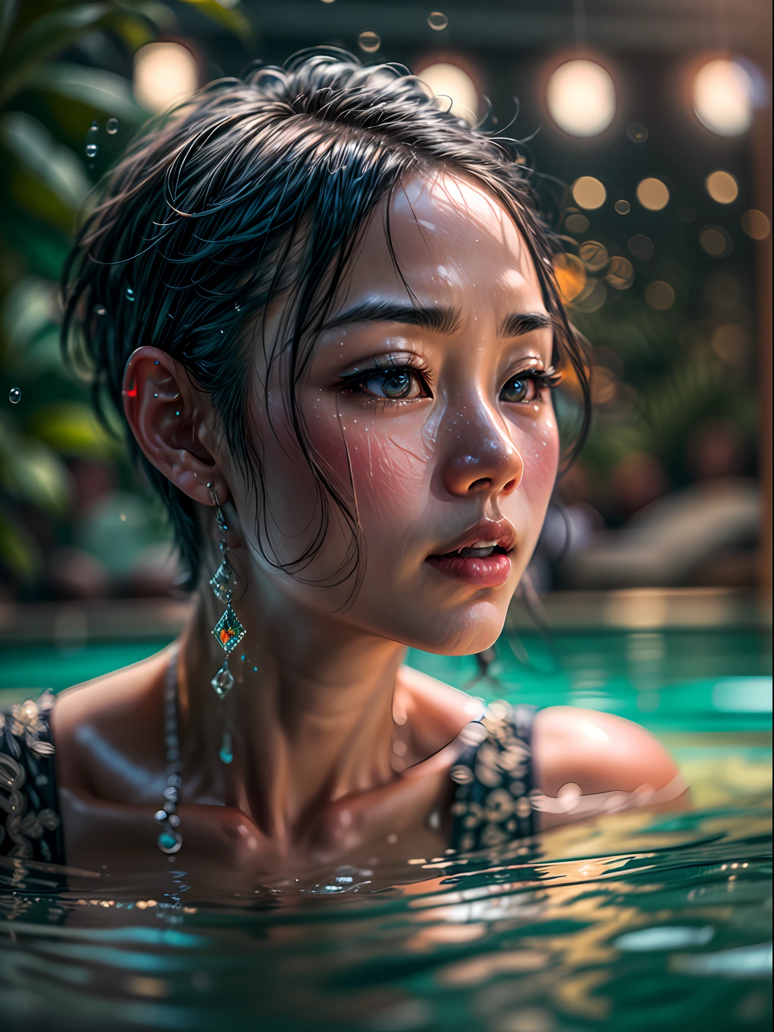 (best quality, photo-realistic, masterpiece:1.3), (Asian woman:1.2) with (short cropped hair:1.2), gracefully posing in a luxurious pool, water gently caressing her waist, (elegant poolside setting:1.3), (vibrant colors:1.3), (tasteful decor:1.1), (exotic plants:1.1), (chic poolside furniture:1.2), (crystal clear water:1.2) reflecting the surrounding beauty, (glistening sunlight:1.2), (sparkling droplets:1.1) on her skin, creating a sense of serenity, Cinematic, Hyper-detailed, insane details, beautifully color graded, Super-Resolution, Megapixel, Cinematic Lightning, Post Processing, Post Production, Tone Mapping Insanely detailed and intricate, Hyper maximalist, Volumetric, Photorealistic, ultra photoreal, ultra-detailed, intricate details, 8K, Super detailed, Full color, Volumetric lightning, HDR, Sharp focus
Camera Model: Nikon Z6 II
Lens: NIKKOR Z 35mm f/1.8 S