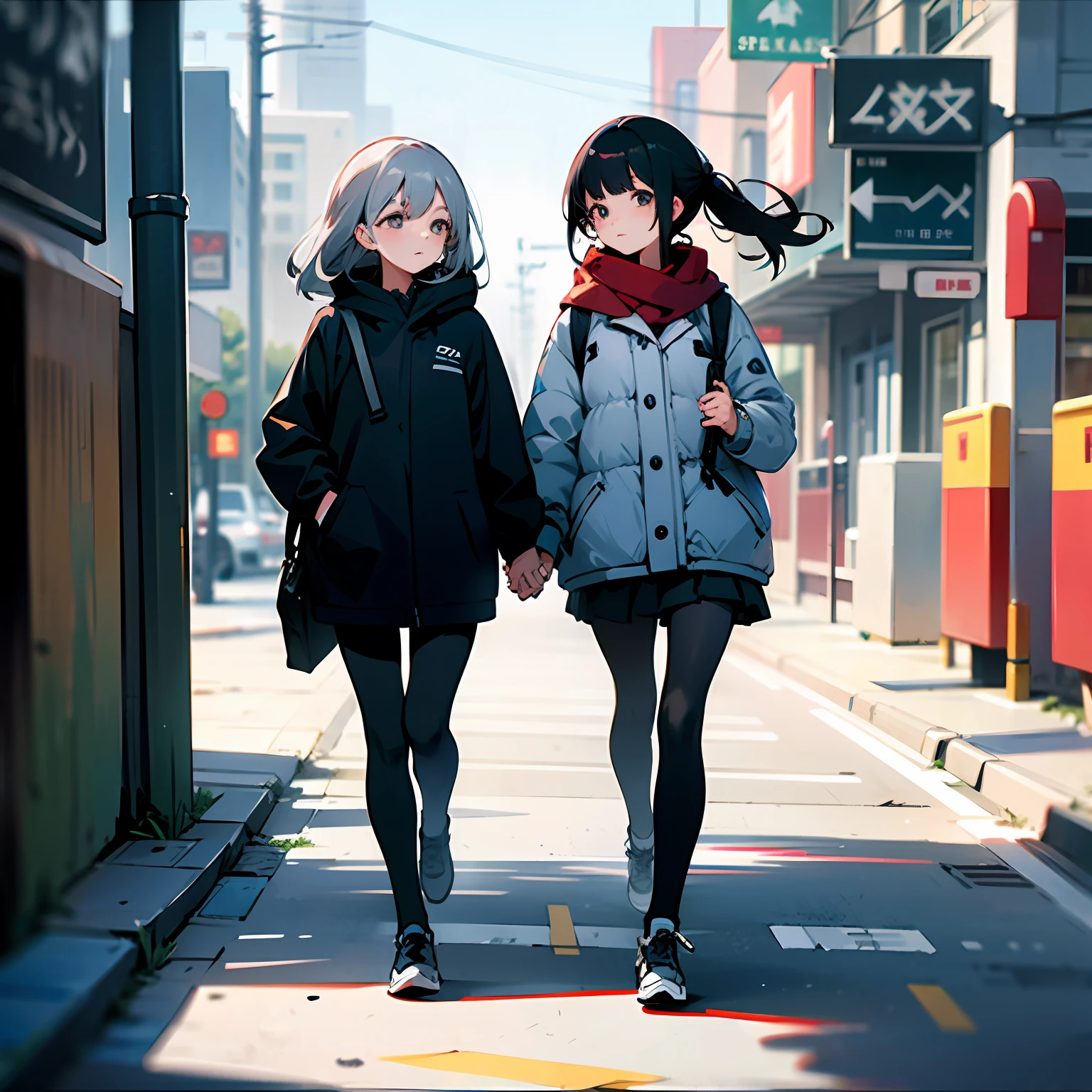 Two girls walking down the street together，A gray hair，a black-haired