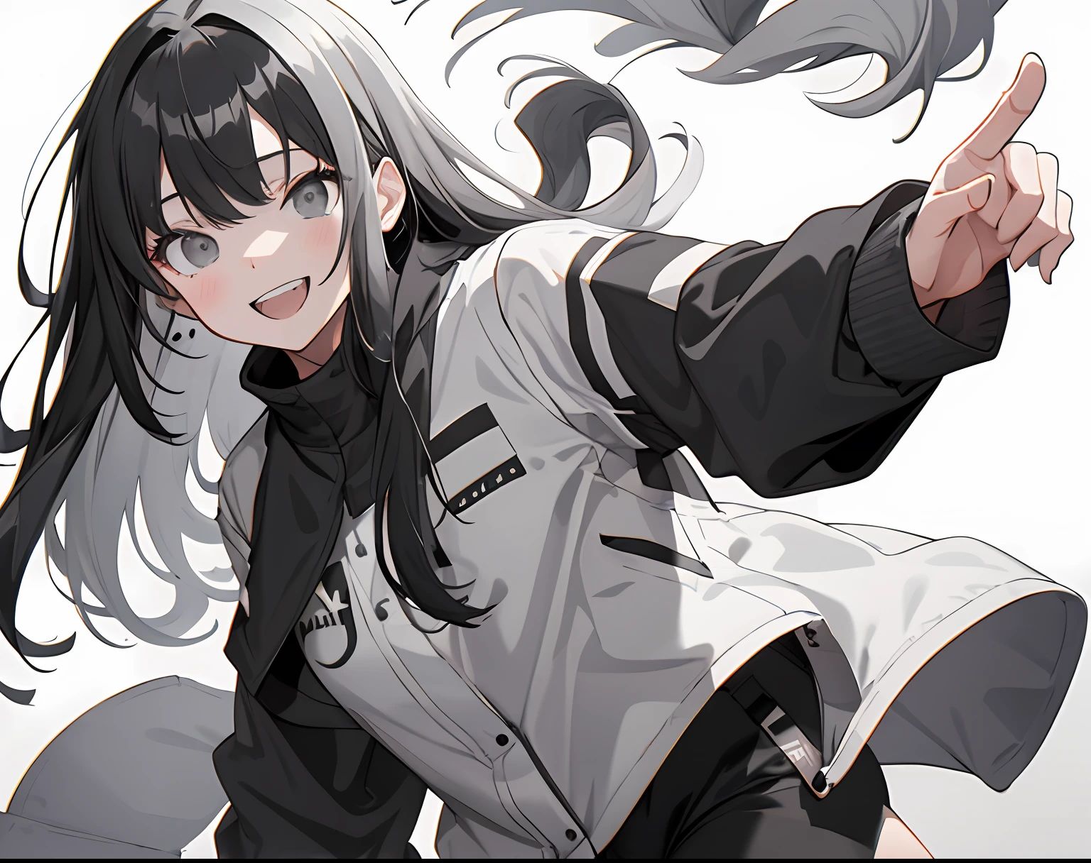 【Highest Quality, masutepiece】 [girl, Manteau, expressioness, Black eyes, front facing, Black hair, Walking, Upper body] (Gray white background:1.7), smile with teeth