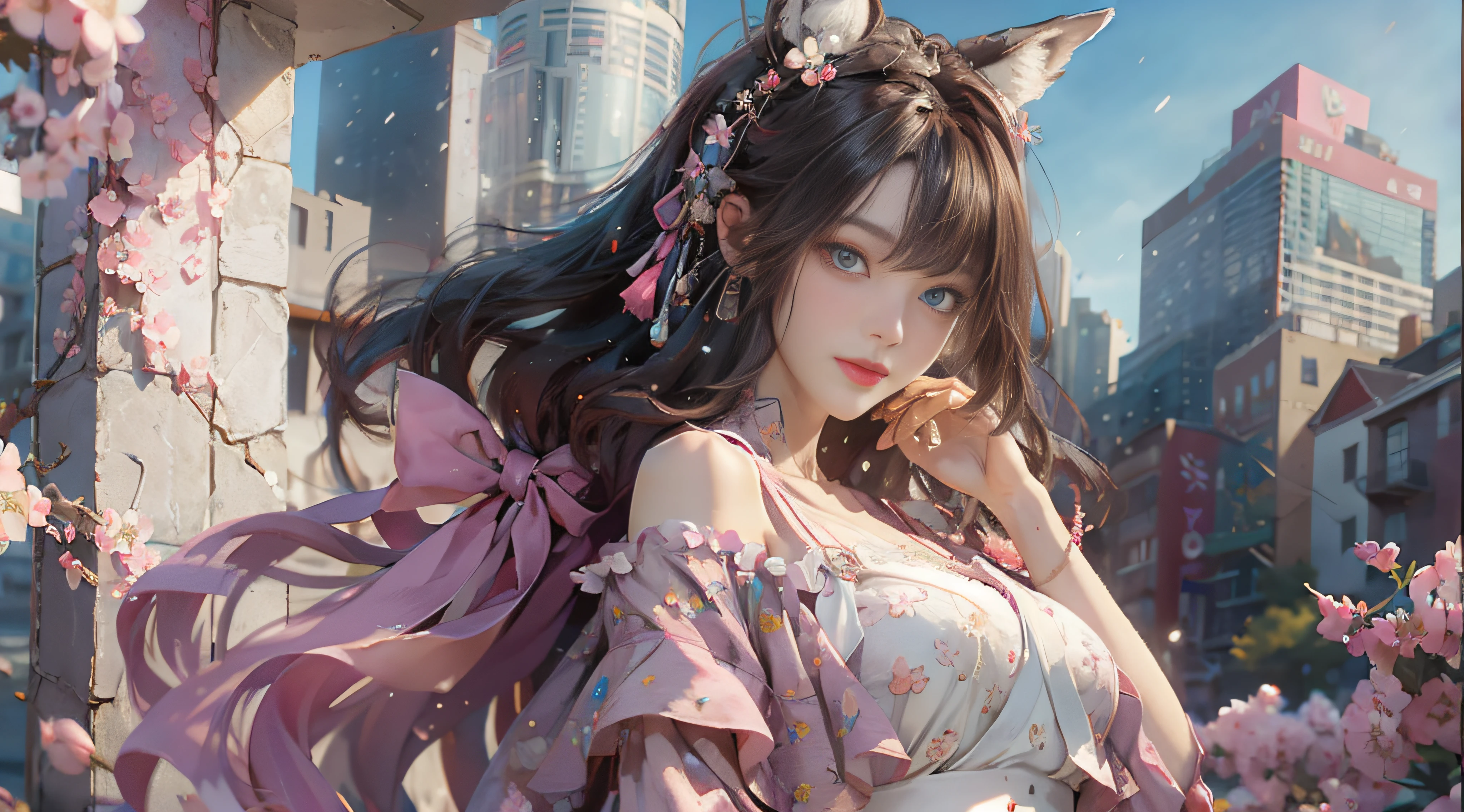 ((best qualtiy)), ((tmasterpiece)), (detail:1.4), Beautiful cyberpunk female images,hdr(HighDynamicRange),Ray traching,NVIDIA RTX,Hyper-Resolution,illusory 5,sub surface scattering,PBR textures,post-proces,Anisotropy Filtering,depth of fields,maximum definition and sharpness,Many-Layer Textures,Albedo e mapas Speculares,Surface coloring,Mitsu-Accurate simulation of material interactions,perfectly proportioned,rendering by octane,Two-colored light,largeaperture,Low ISO,White balance,Rule three points、8K raw data、Beautiful bright blue pupils,off-the-shoulder clothes,Fine pupils,Delicate face and eyes,long eyelasher,Blushlush,Delicate and fluffy hair,pink lip,Pure,Cute face,Sweet girl,Artistic sense,Casual wear,Advancedsense,butterflys,Cherry blossom petal,Beautiful hair accessories,Long hair and waist,Hair fluttering in the wind,Snow-white fox ears,curlies